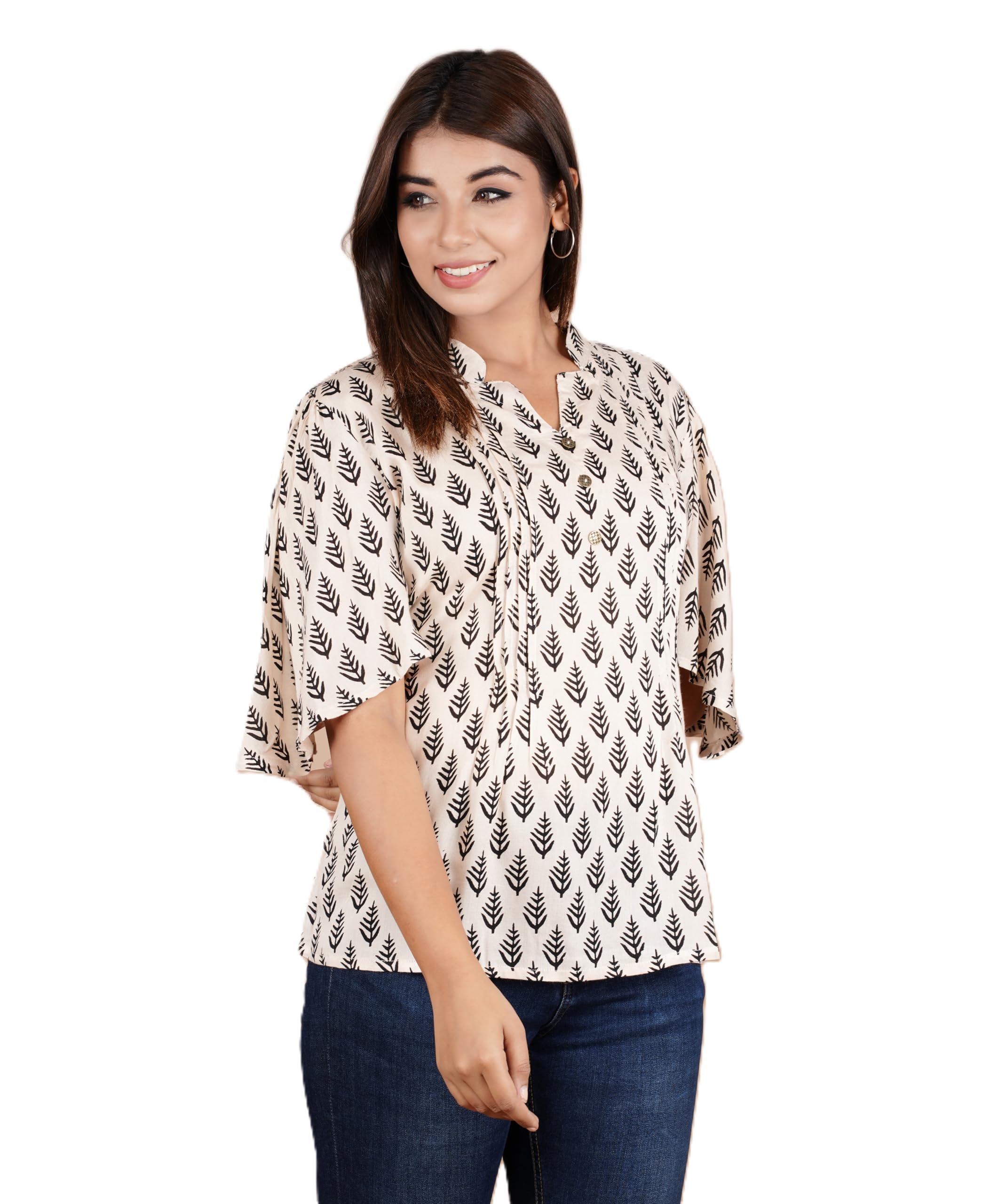 VEILA Short Kurti for Women | Cotton Floral Print Peplum Tunic Top with V-Neck, 3/4 Sleeves & 30 Inch Length | Comfortable Short Kurta for Casual & Office Wear