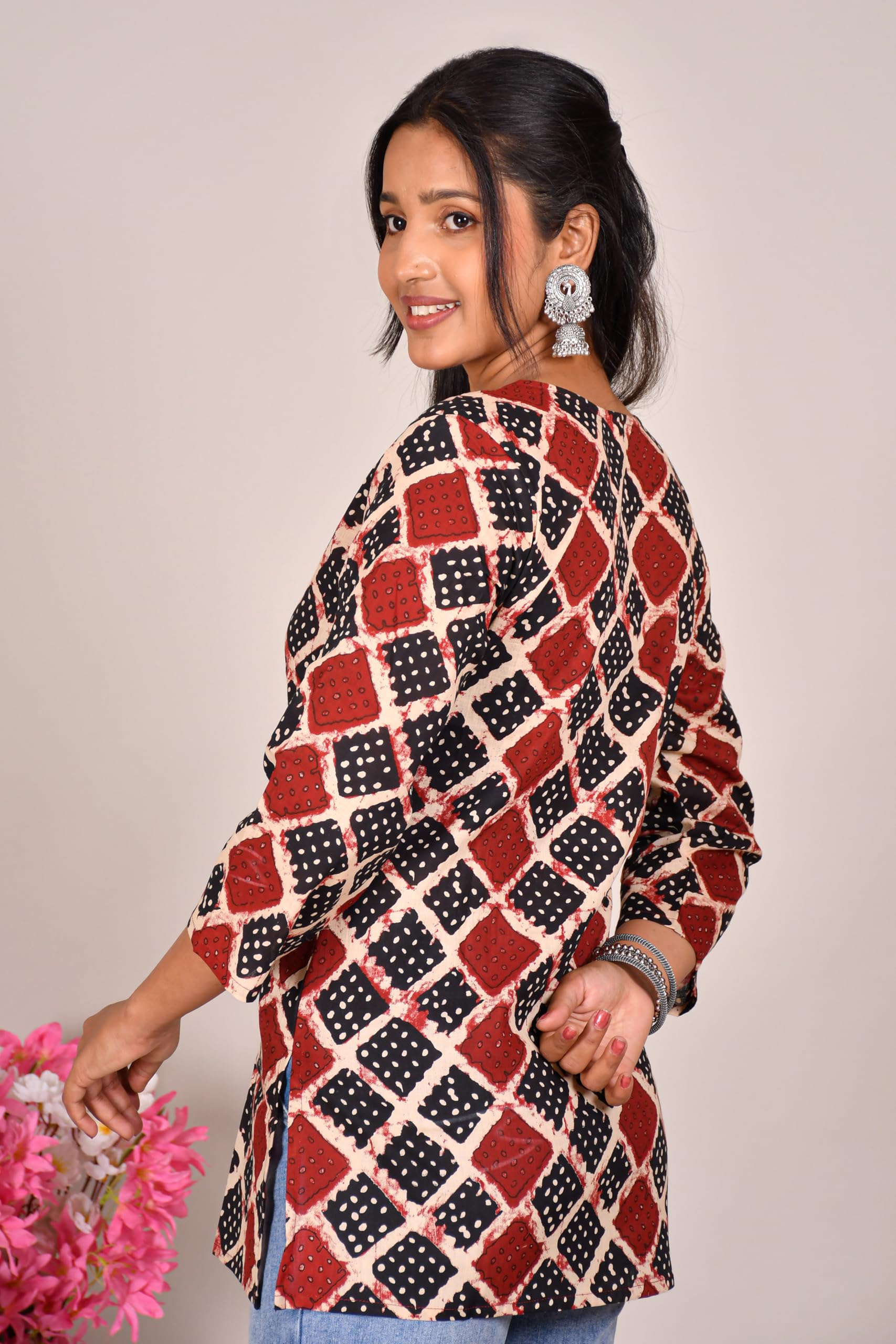 VEILA Short Kurti for Women | Cotton Floral Print Peplum Tunic Top with V-Neck, 3/4 Sleeves & 30 Inch Length | Comfortable Short Kurta for Casual & Office Wear