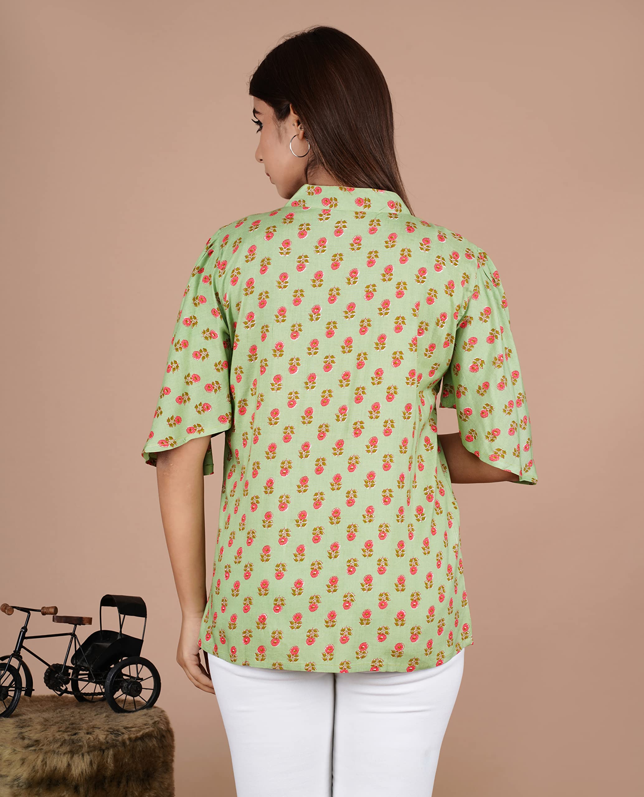 VEILA Short Kurti for Women | Cotton Floral Print Peplum Tunic Top with V-Neck, 3/4 Sleeves & 30 Inch Length | Comfortable Short Kurta for Casual & Office Wear