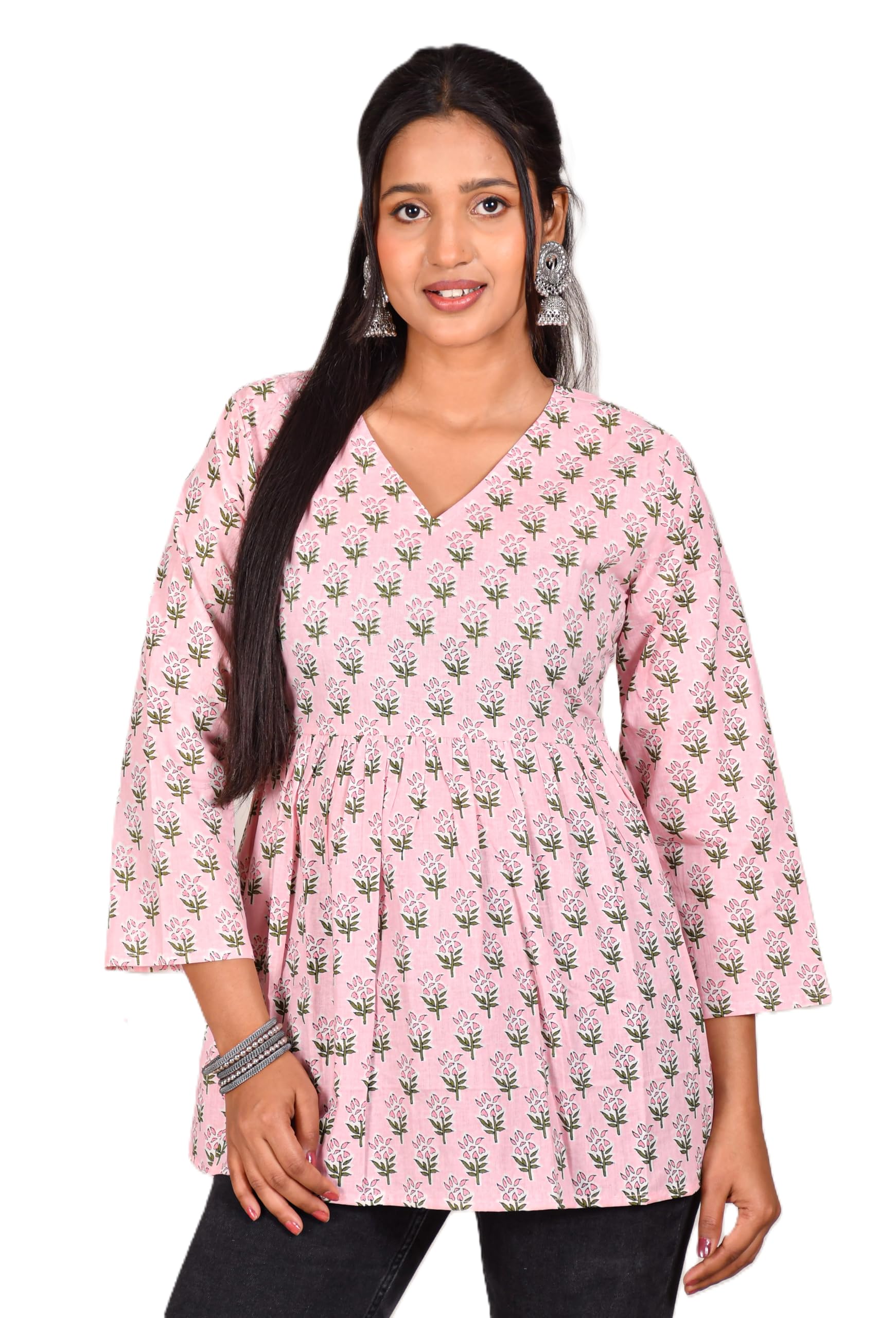 VEILA Short Kurti for Women | Cotton Floral Print Peplum Tunic Top with V-Neck, 3/4 Sleeves & 30 Inch Length | Comfortable Short Kurta for Casual & Office Wear