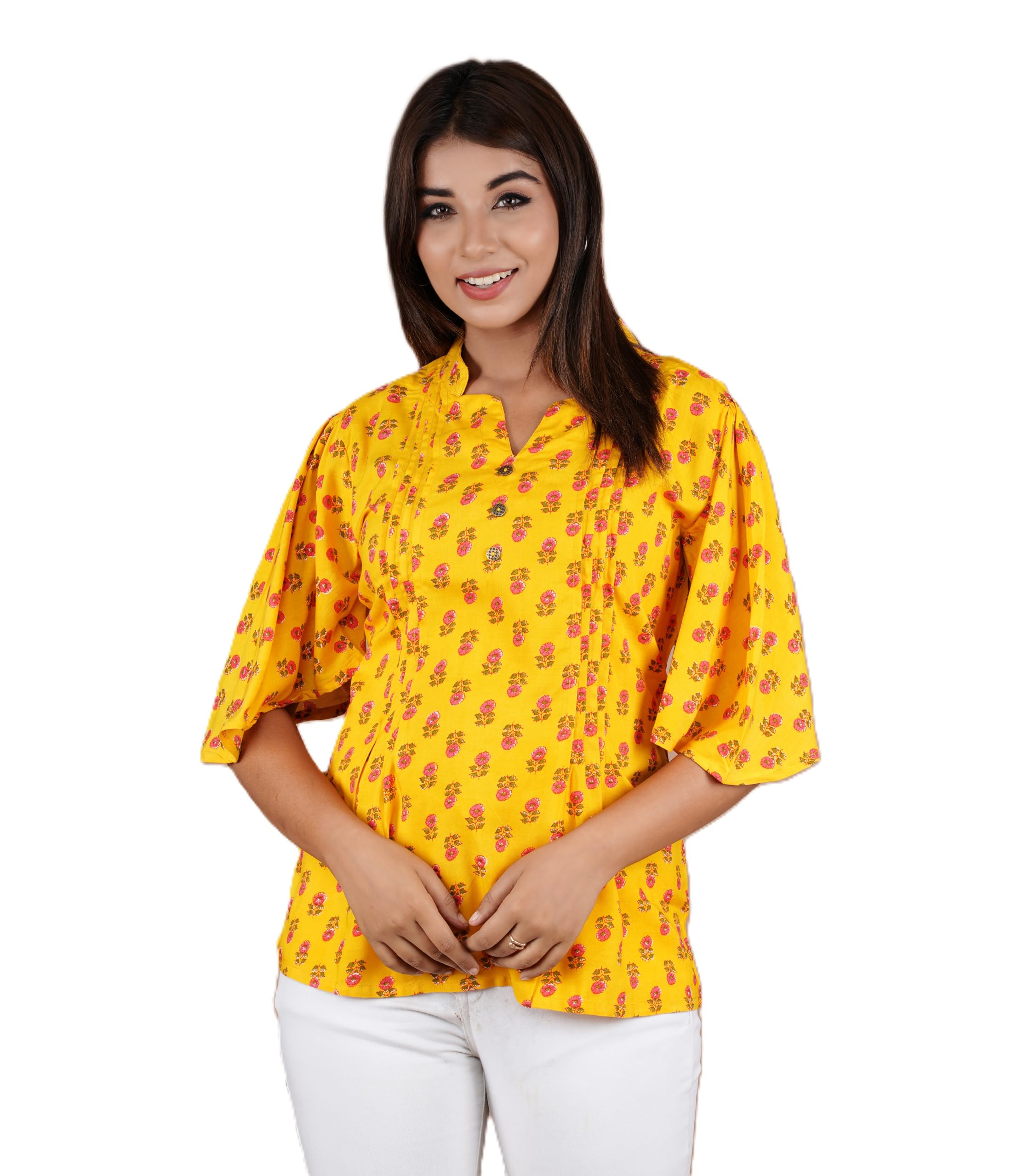 VEILA Short Kurti for Women | Cotton Floral Print Peplum Tunic Top with V-Neck, 3/4 Sleeves & 30 Inch Length | Comfortable Short Kurta for Casual & Office Wear