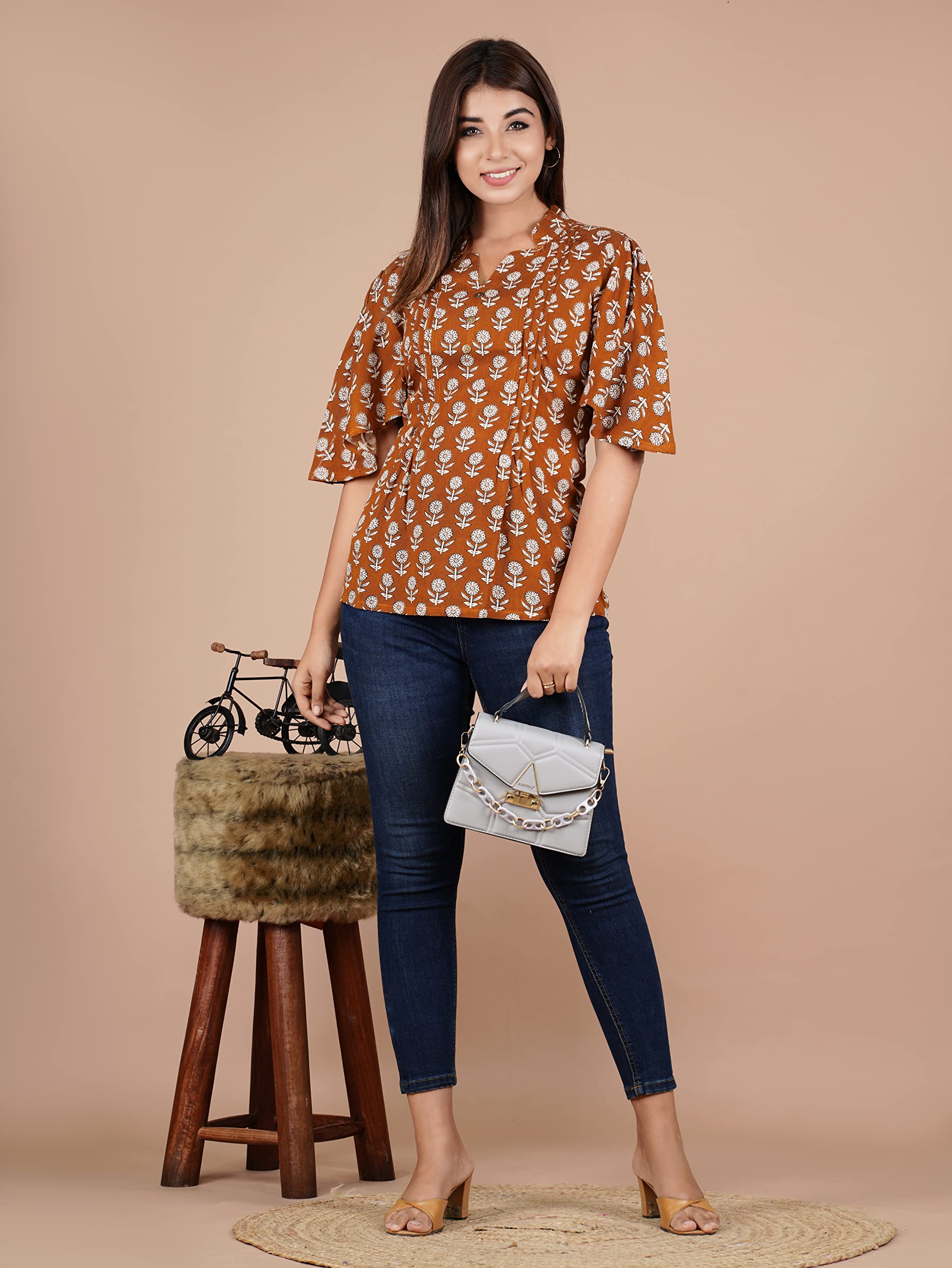 VEILA Short Kurti for Women | Cotton Floral Print Peplum Tunic Top with V-Neck, 3/4 Sleeves & 30 Inch Length | Comfortable Short Kurta for Casual & Office Wear