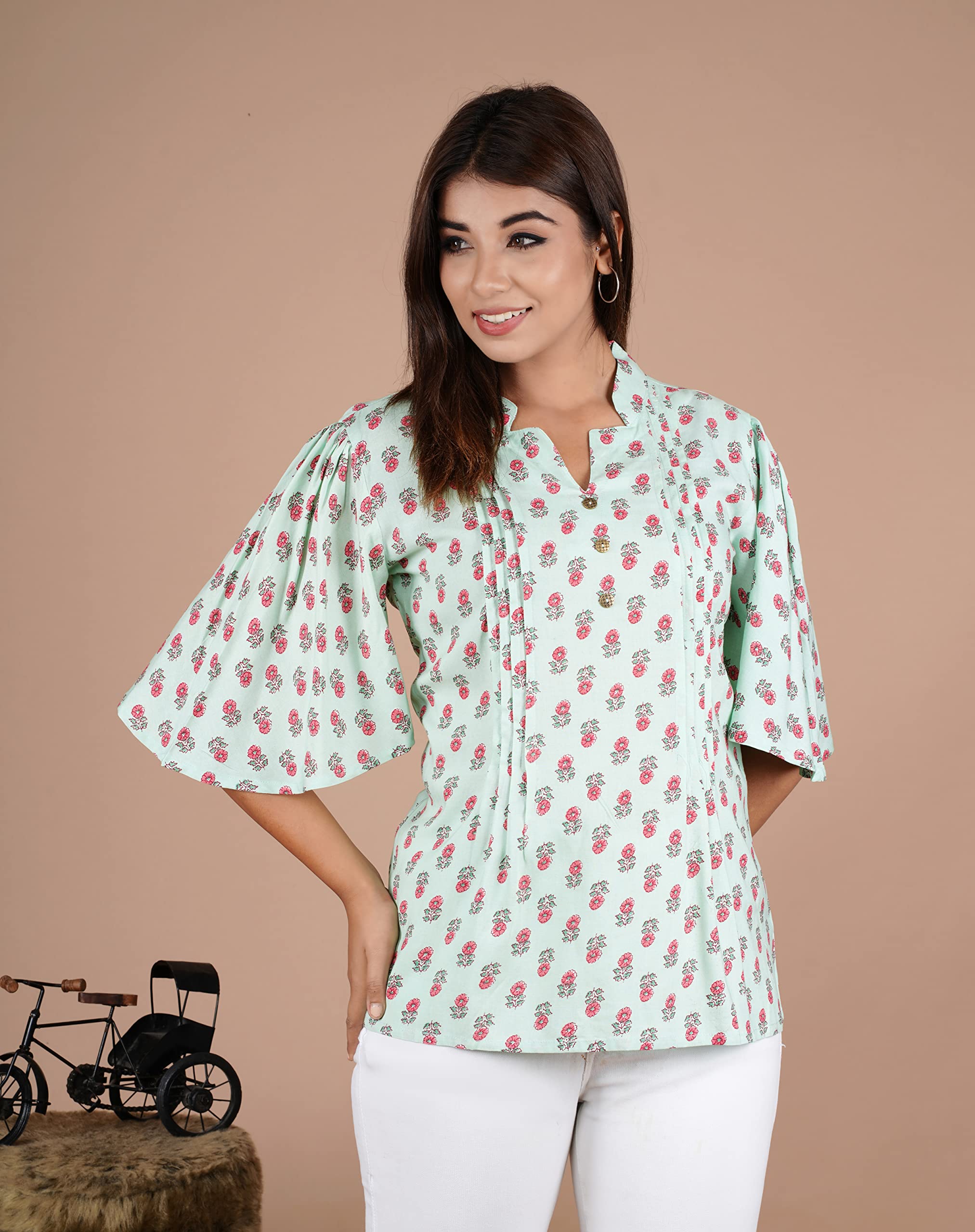 VEILA Short Kurti for Women | Cotton Floral Print Peplum Tunic Top with V-Neck, 3/4 Sleeves & 30 Inch Length | Comfortable Short Kurta for Casual & Office Wear