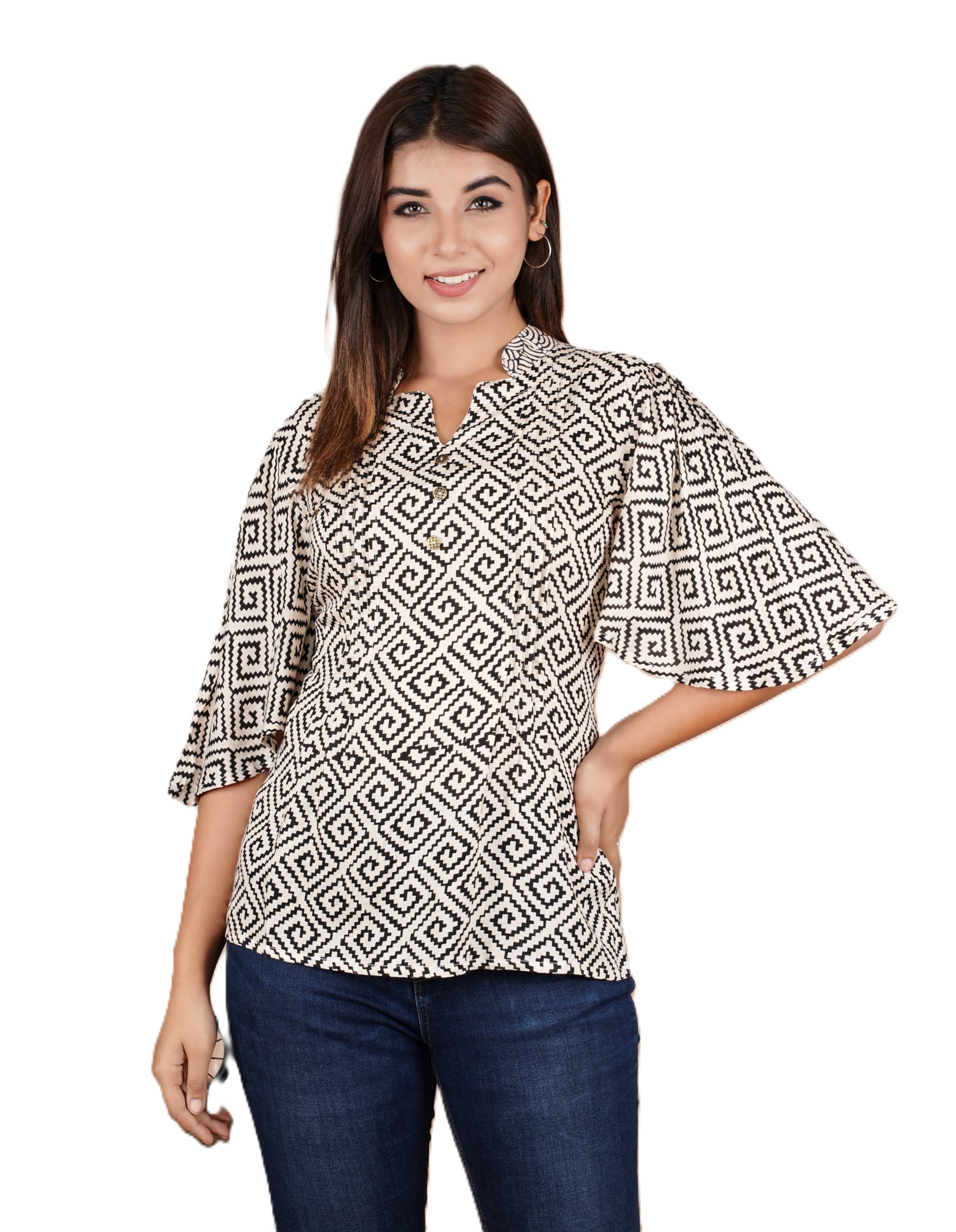 VEILA Short Kurti for Women | Cotton Floral Print Peplum Tunic Top with V-Neck, 3/4 Sleeves & 30 Inch Length | Comfortable Short Kurta for Casual & Office Wear