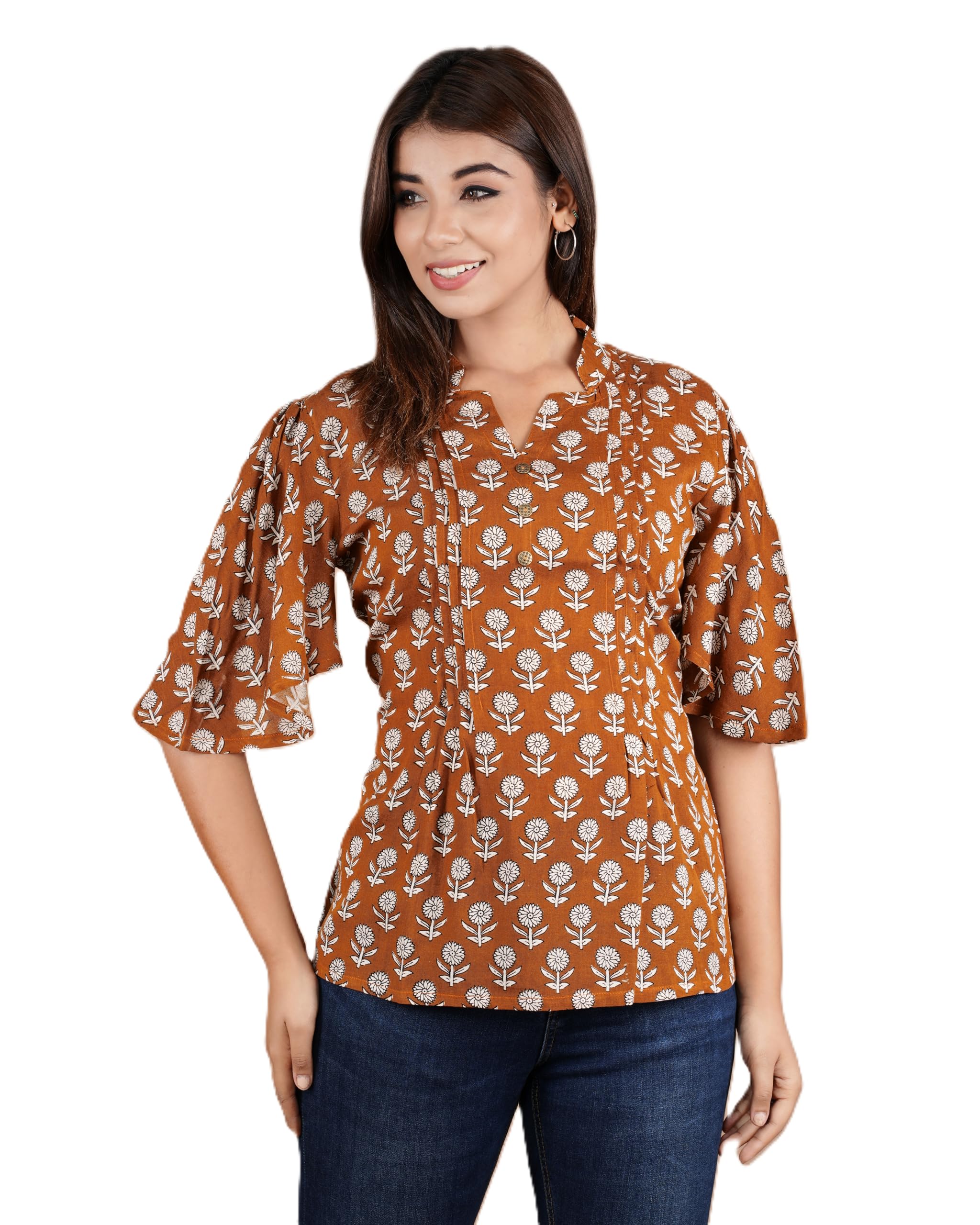 VEILA Short Kurti for Women | Cotton Floral Print Peplum Tunic Top with V-Neck, 3/4 Sleeves & 30 Inch Length | Comfortable Short Kurta for Casual & Office Wear