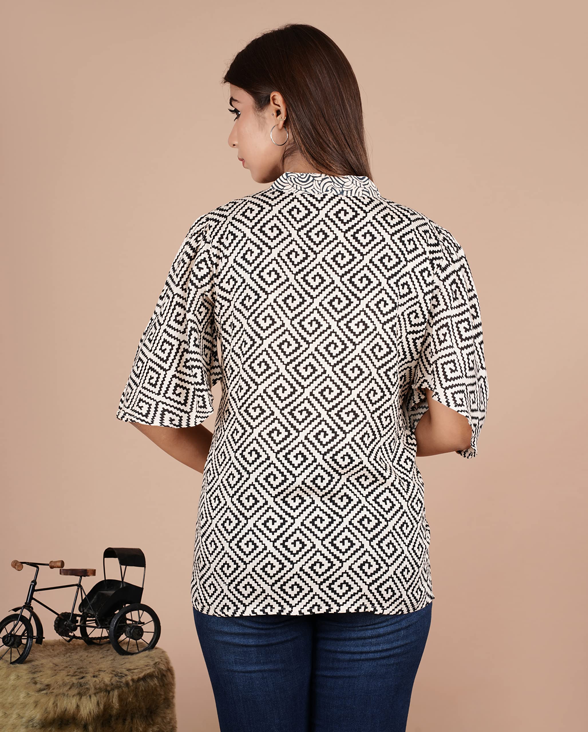 VEILA Short Kurti for Women | Cotton Floral Print Peplum Tunic Top with V-Neck, 3/4 Sleeves & 30 Inch Length | Comfortable Short Kurta for Casual & Office Wear