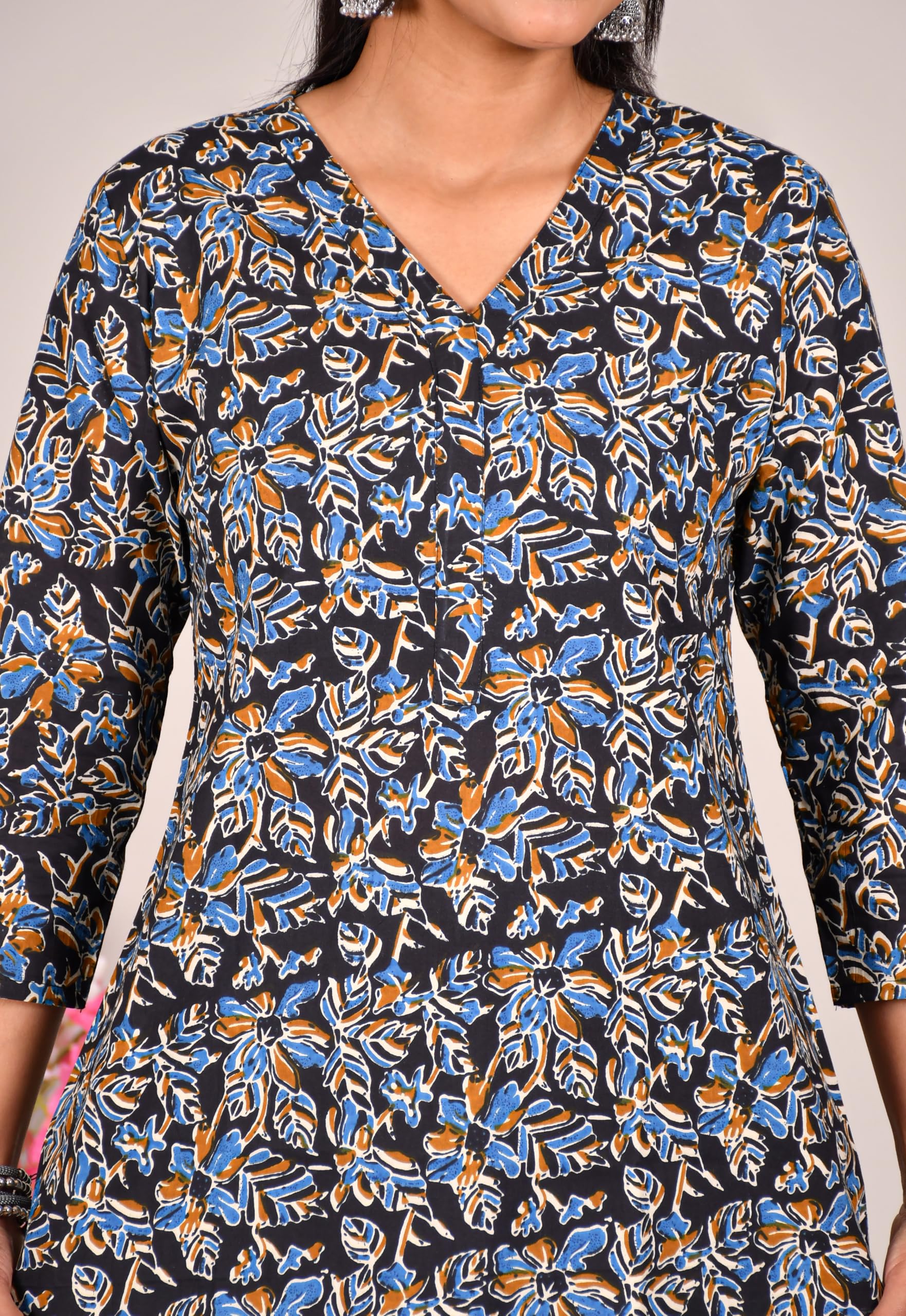 VEILA Short Kurti for Women | Cotton Floral Print Peplum Tunic Top with V-Neck, 3/4 Sleeves & 30 Inch Length | Comfortable Short Kurta for Casual & Office Wear