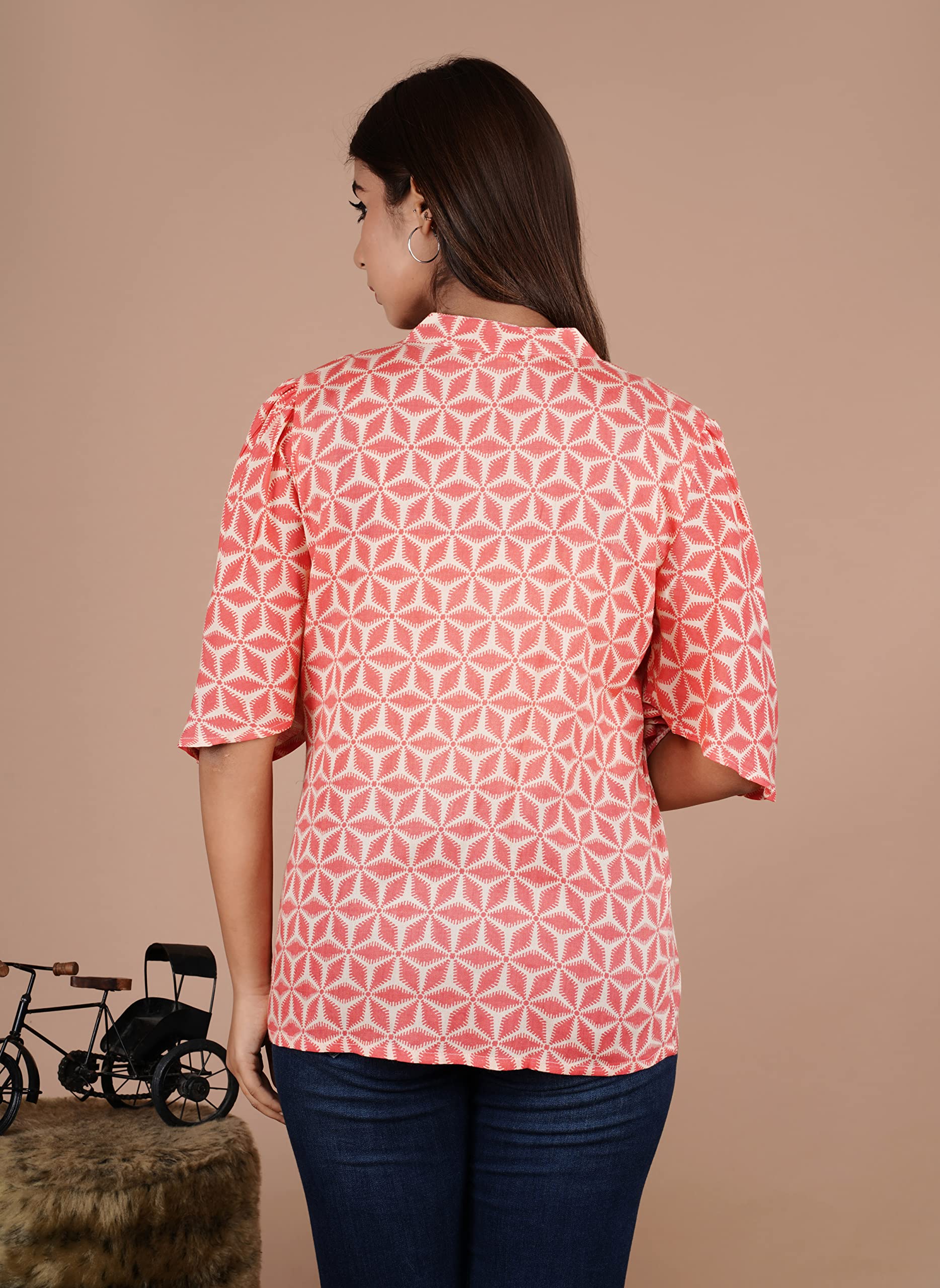 VEILA Short Kurti for Women | Cotton Floral Print Peplum Tunic Top with V-Neck, 3/4 Sleeves & 30 Inch Length | Comfortable Short Kurta for Casual & Office Wear