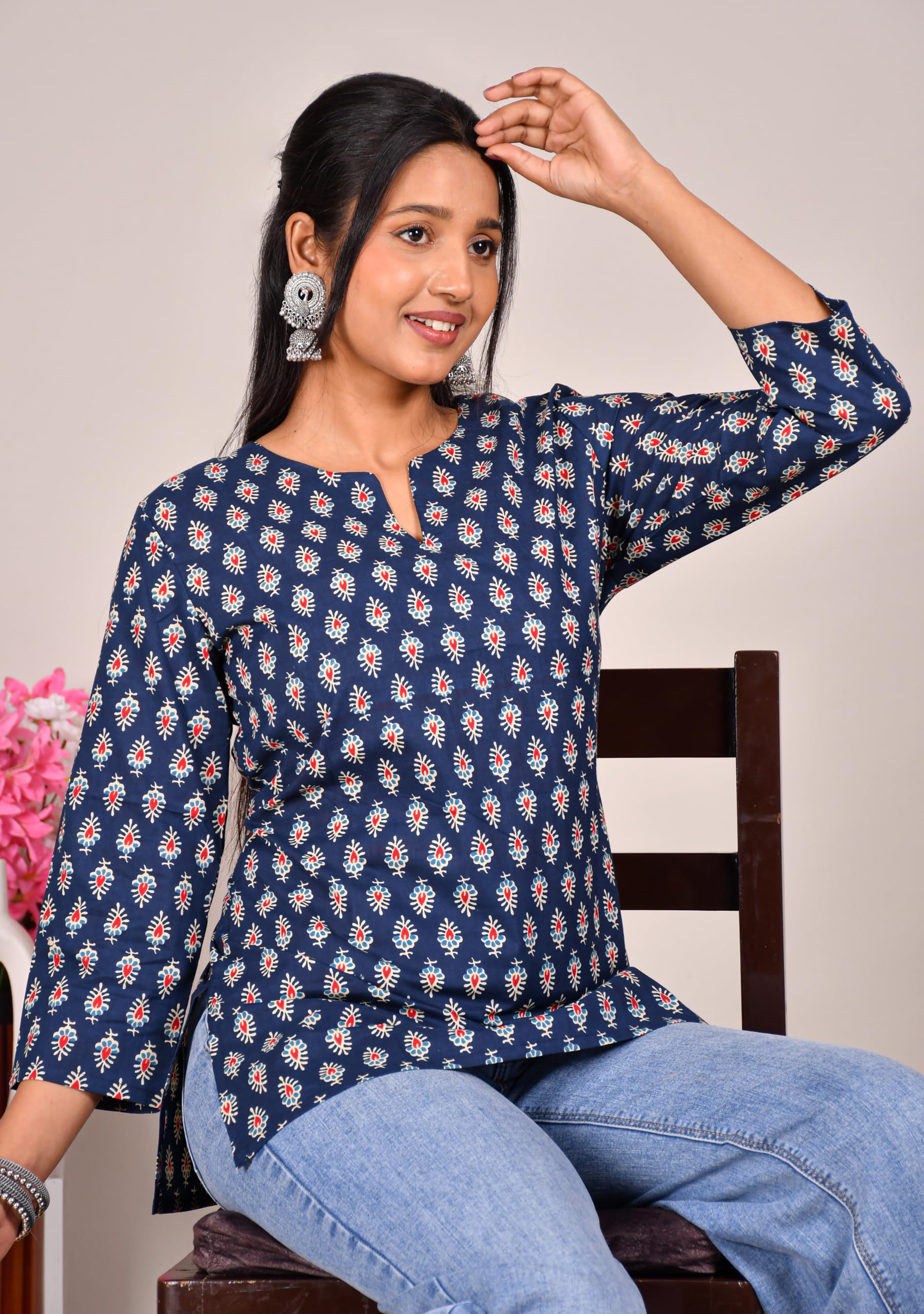 VEILA Short Kurti for Women | Cotton Floral Print Peplum Tunic Top with V-Neck, 3/4 Sleeves & 30 Inch Length | Comfortable Short Kurta for Casual & Office Wear