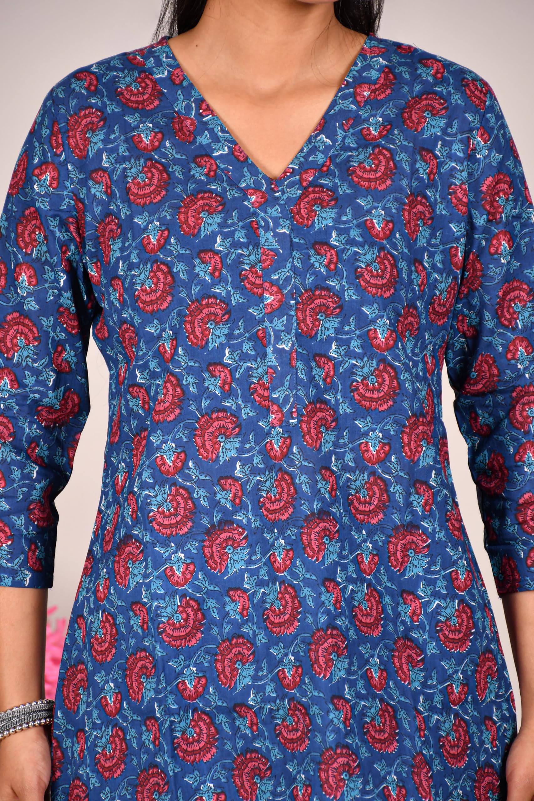 VEILA Short Kurti for Women | Cotton Floral Print Peplum Tunic Top with V-Neck, 3/4 Sleeves & 30 Inch Length | Comfortable Short Kurta for Casual & Office Wear