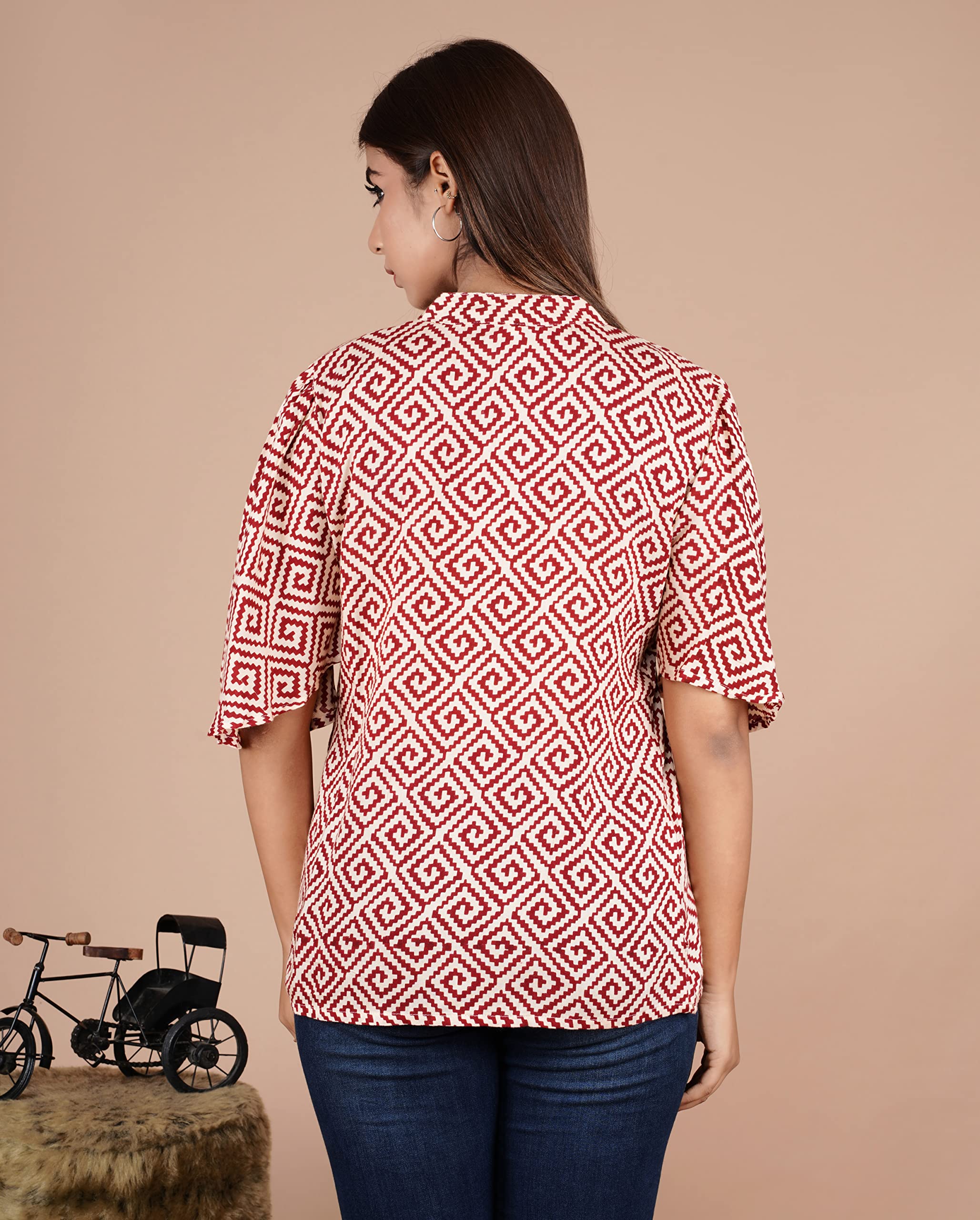 VEILA Short Kurti for Women | Cotton Floral Print Peplum Tunic Top with V-Neck, 3/4 Sleeves & 30 Inch Length | Comfortable Short Kurta for Casual & Office Wear