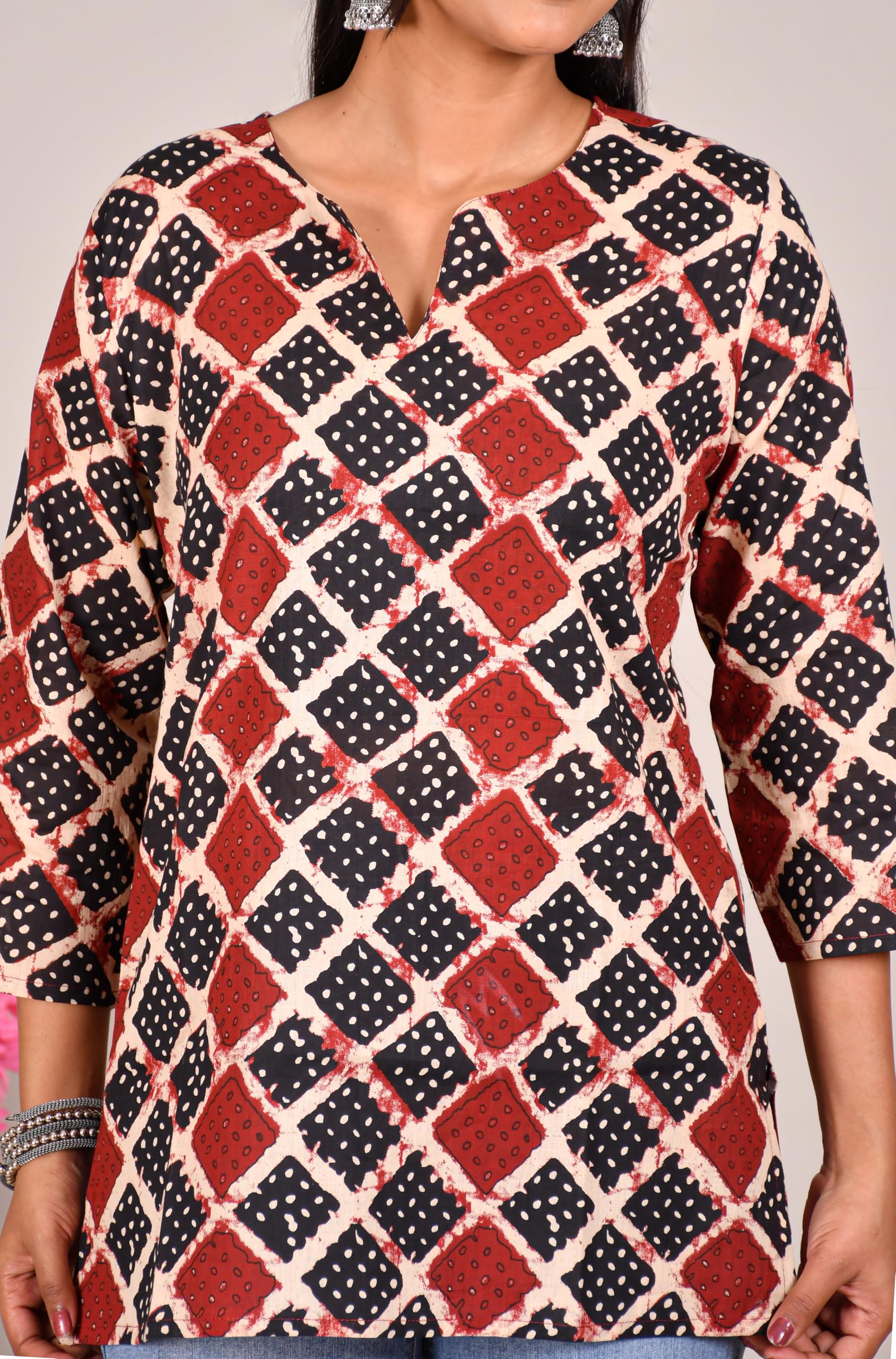 VEILA Short Kurti for Women | Cotton Floral Print Peplum Tunic Top with V-Neck, 3/4 Sleeves & 30 Inch Length | Comfortable Short Kurta for Casual & Office Wear