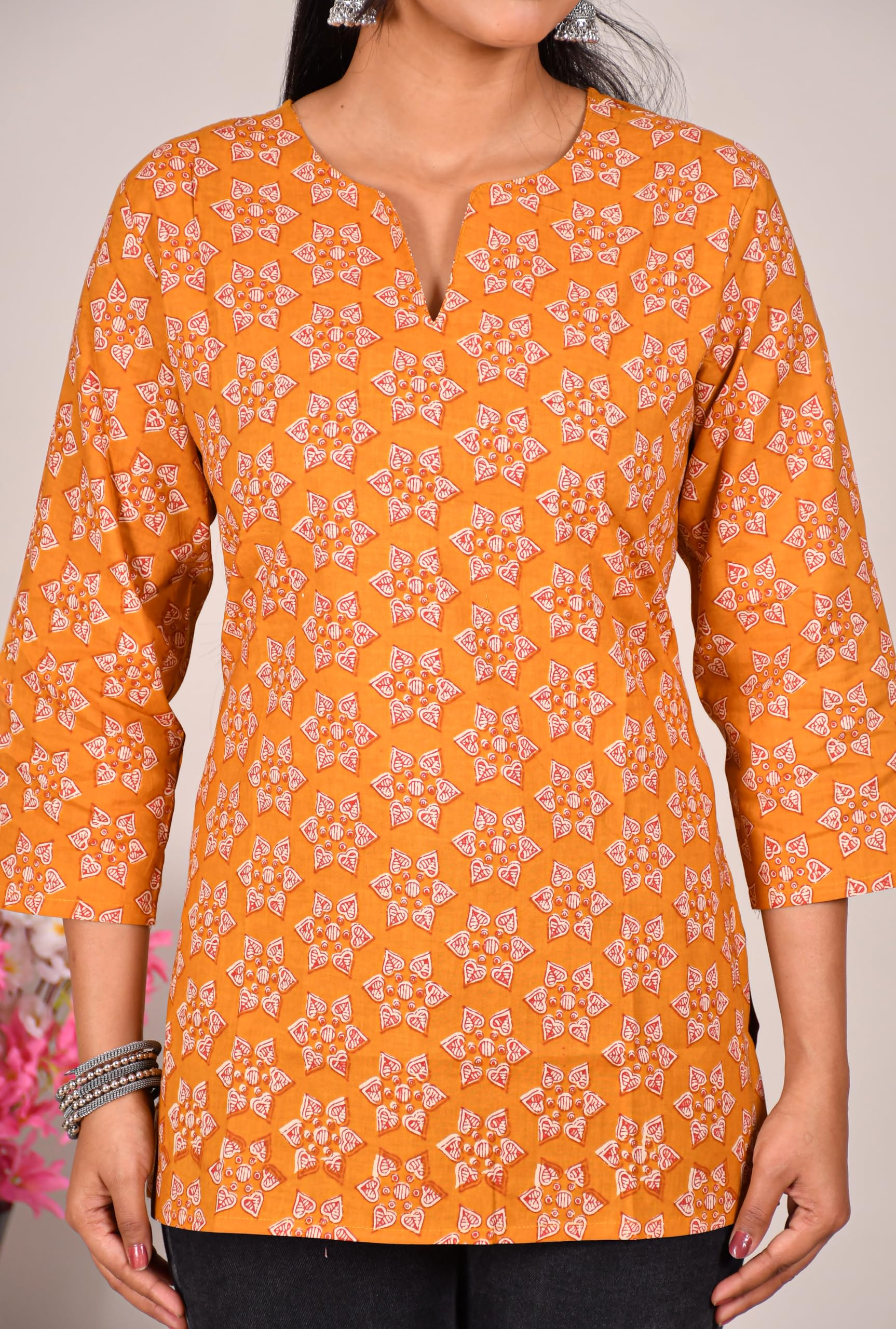 VEILA Short Kurti for Women | Cotton Floral Print Peplum Tunic Top with V-Neck, 3/4 Sleeves & 30 Inch Length | Comfortable Short Kurta for Casual & Office Wear