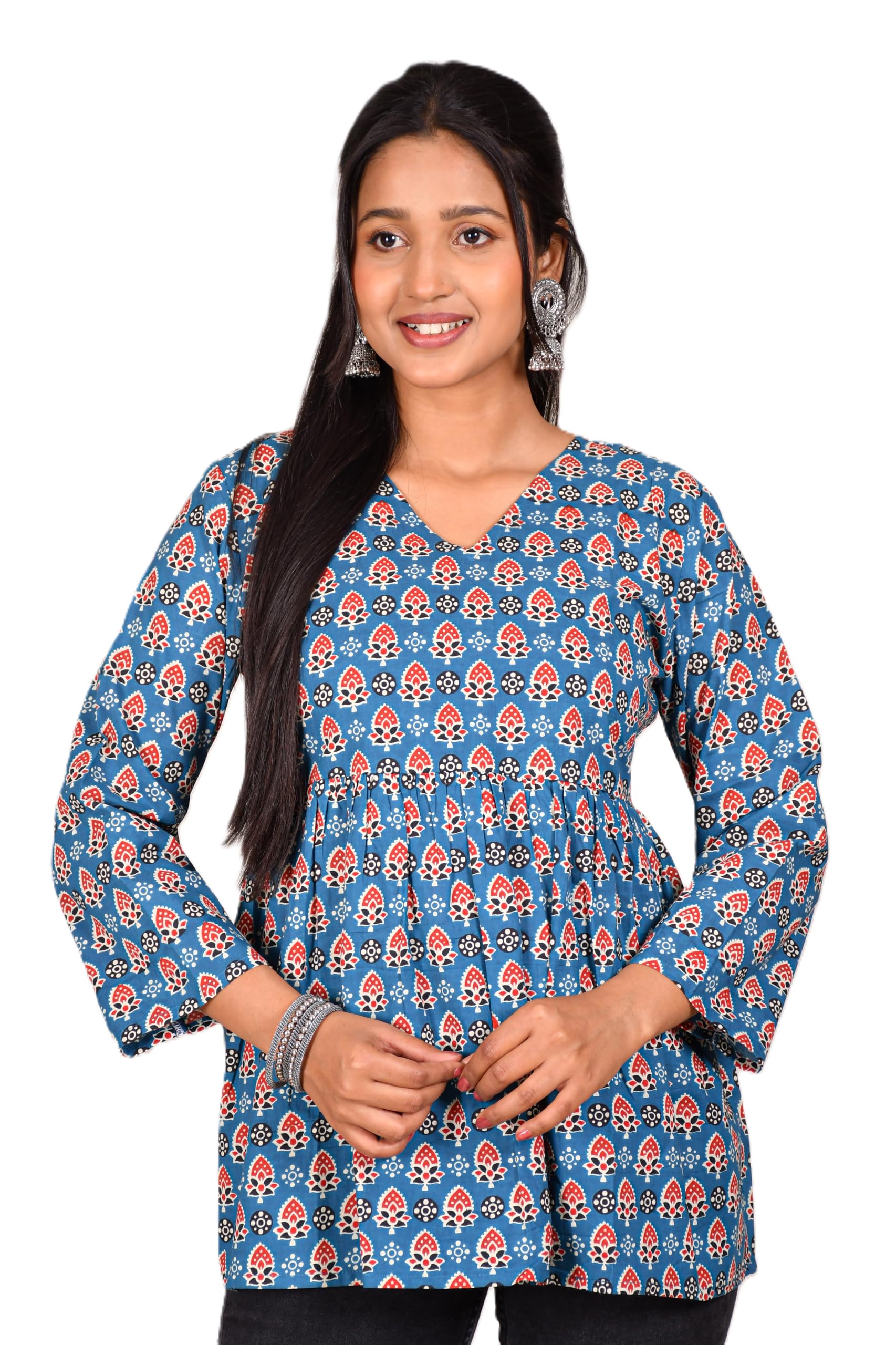 VEILA Short Kurti for Women | Cotton Floral Print Peplum Tunic Top with V-Neck, 3/4 Sleeves & 30 Inch Length | Comfortable Short Kurta for Casual & Office Wear