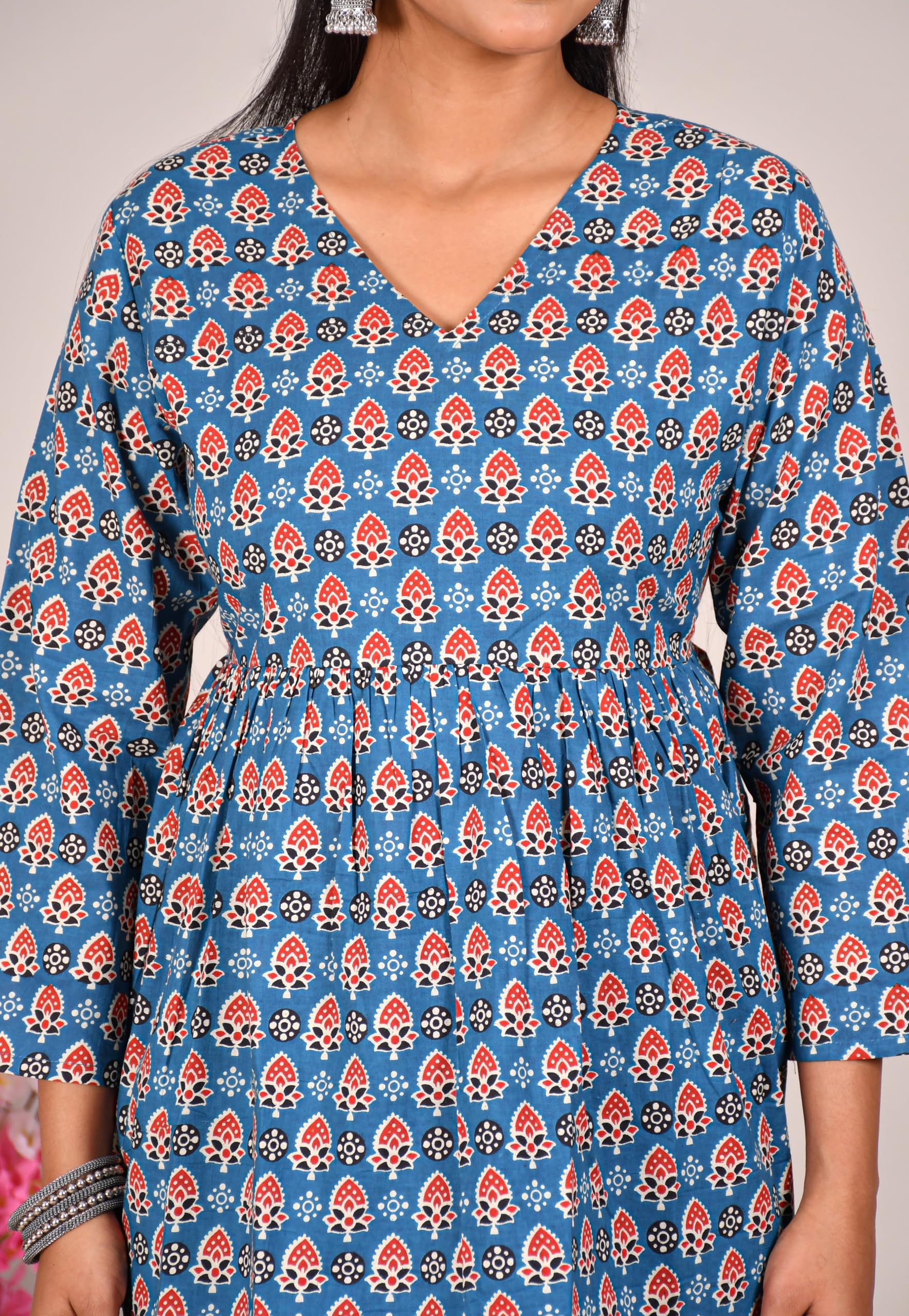 VEILA Short Kurti for Women | Cotton Floral Print Peplum Tunic Top with V-Neck, 3/4 Sleeves & 30 Inch Length | Comfortable Short Kurta for Casual & Office Wear
