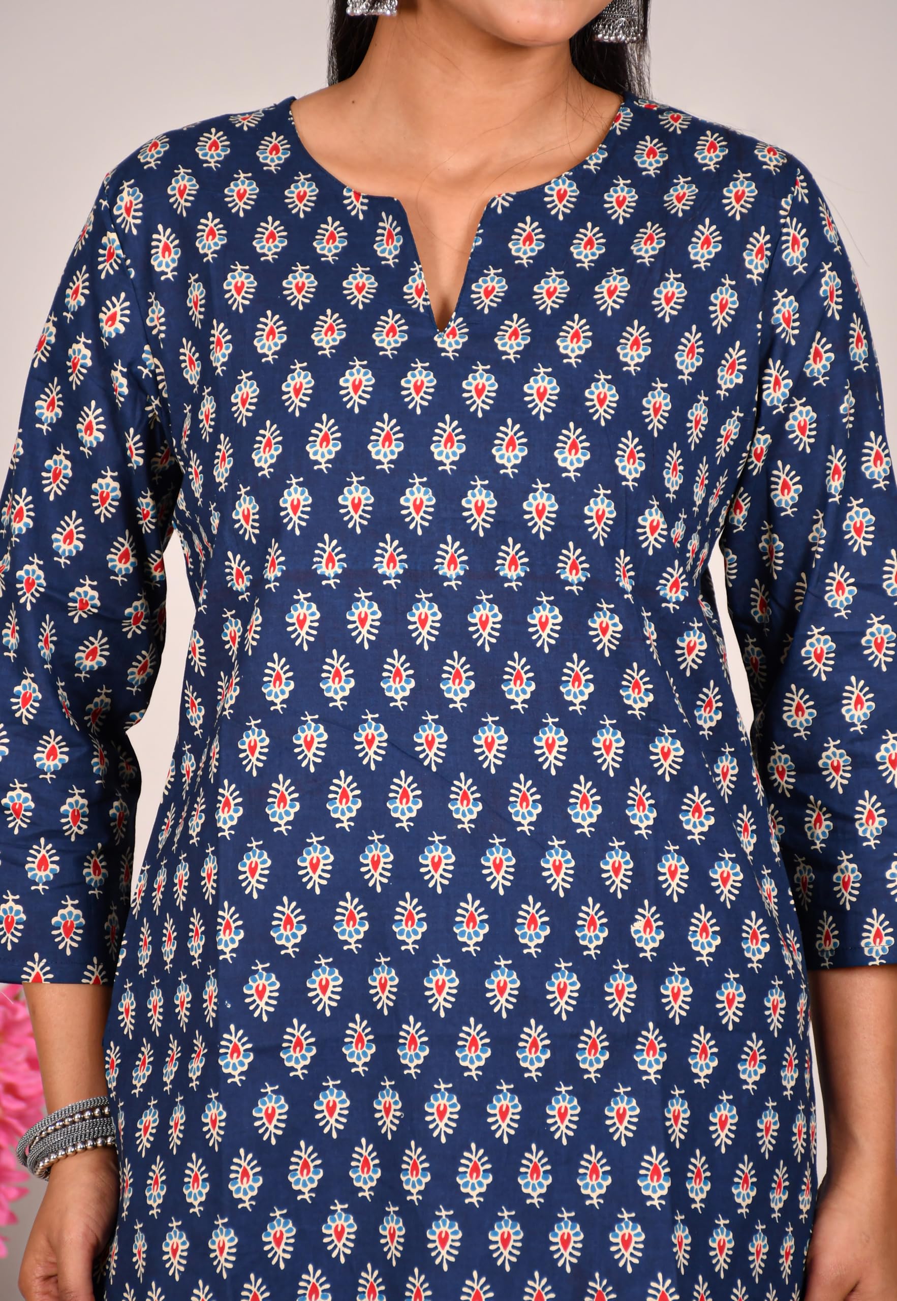 VEILA Short Kurti for Women | Cotton Floral Print Peplum Tunic Top with V-Neck, 3/4 Sleeves & 30 Inch Length | Comfortable Short Kurta for Casual & Office Wear