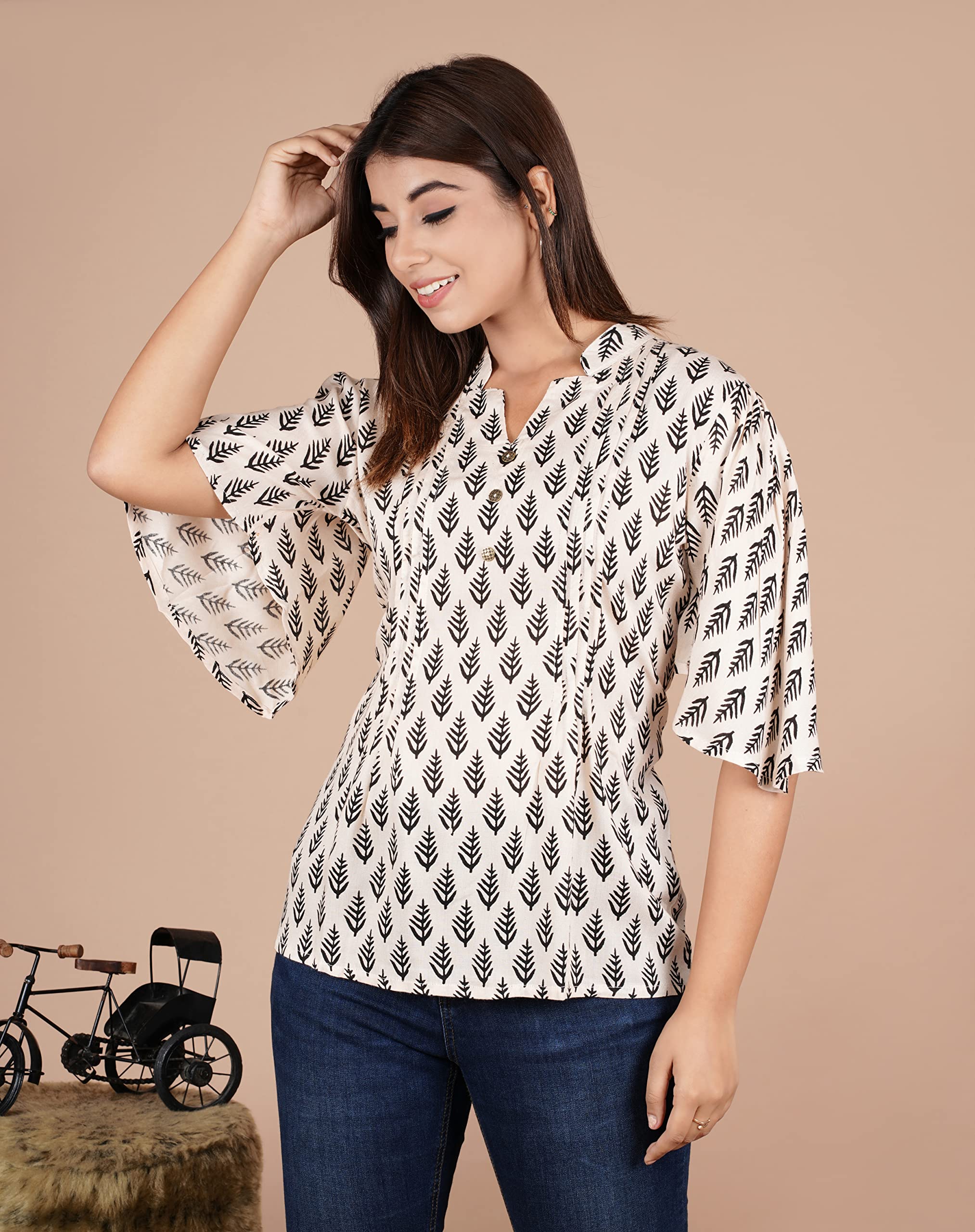 VEILA Short Kurti for Women | Cotton Floral Print Peplum Tunic Top with V-Neck, 3/4 Sleeves & 30 Inch Length | Comfortable Short Kurta for Casual & Office Wear