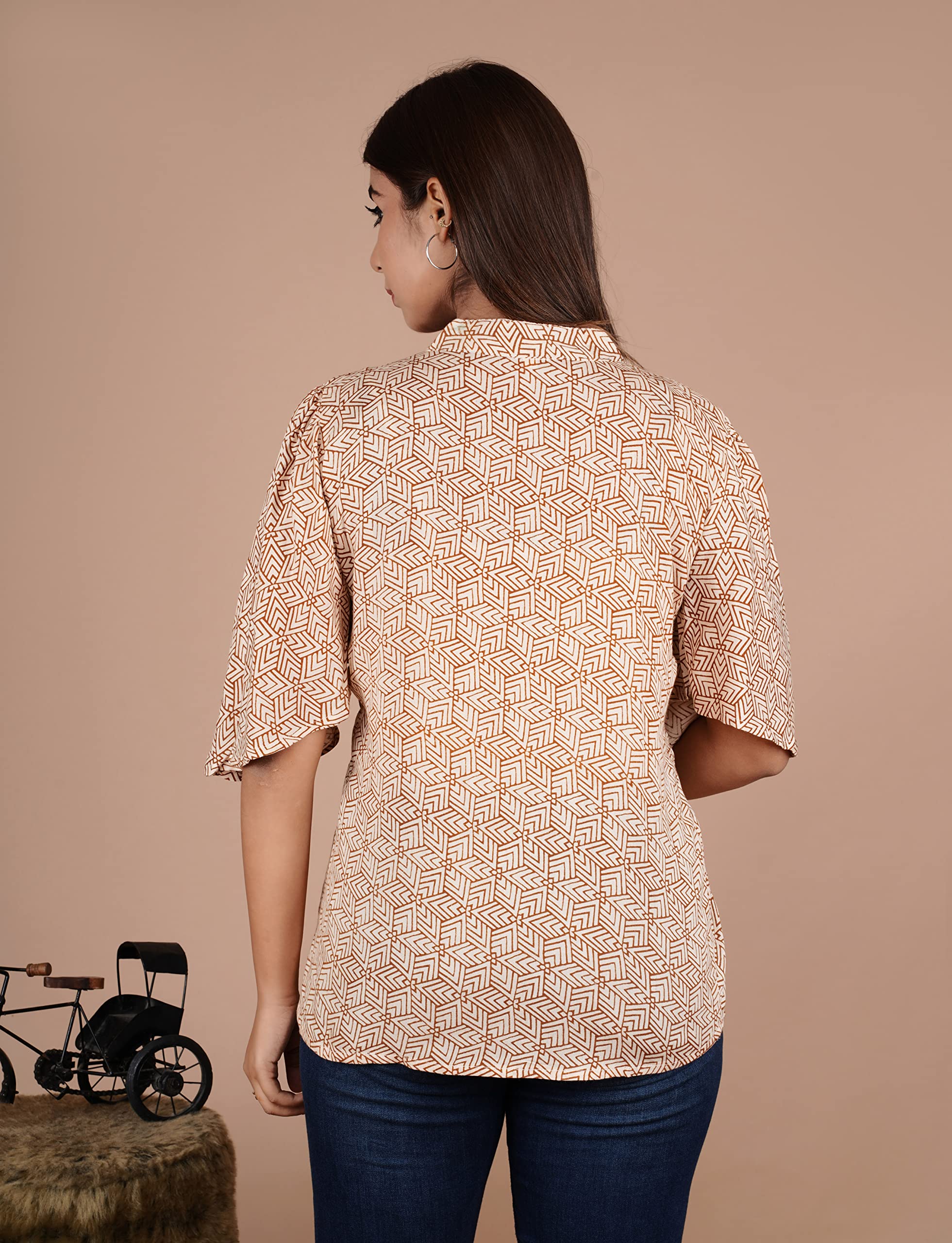 VEILA Short Kurti for Women | Cotton Floral Print Peplum Tunic Top with V-Neck, 3/4 Sleeves & 30 Inch Length | Comfortable Short Kurta for Casual & Office Wear