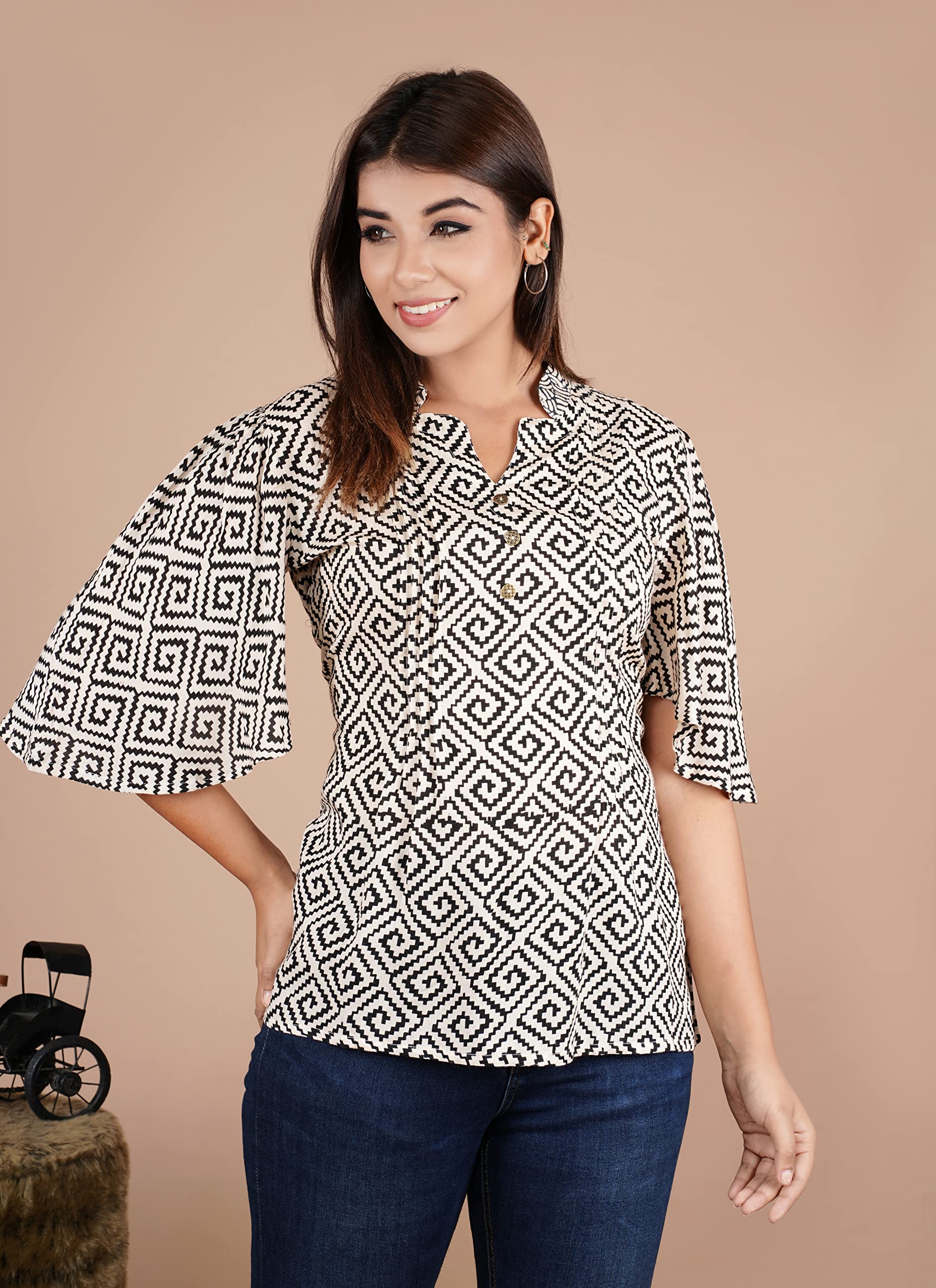 VEILA Short Kurti for Women | Cotton Floral Print Peplum Tunic Top with V-Neck, 3/4 Sleeves & 30 Inch Length | Comfortable Short Kurta for Casual & Office Wear