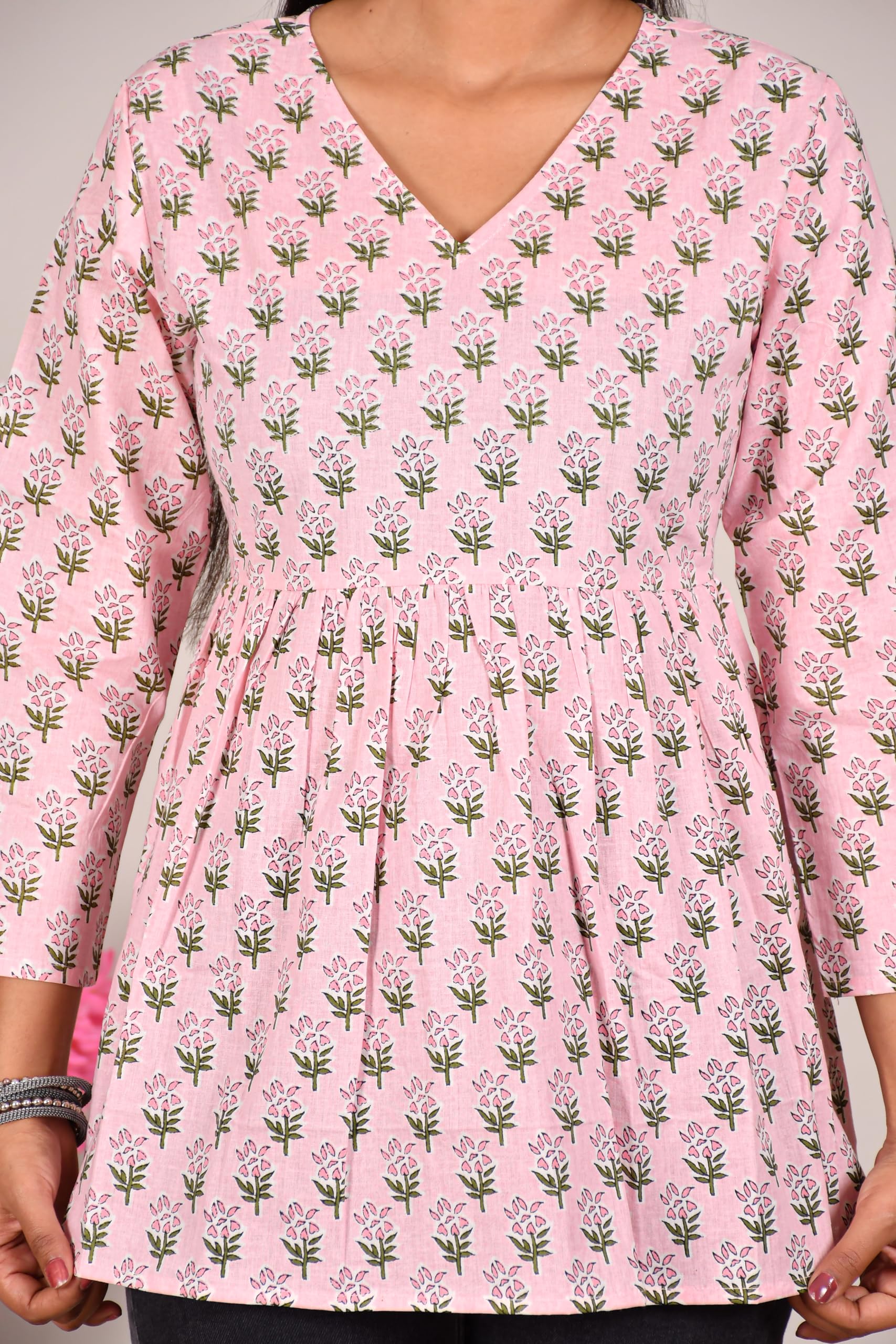 VEILA Short Kurti for Women | Cotton Floral Print Peplum Tunic Top with V-Neck, 3/4 Sleeves & 30 Inch Length | Comfortable Short Kurta for Casual & Office Wear
