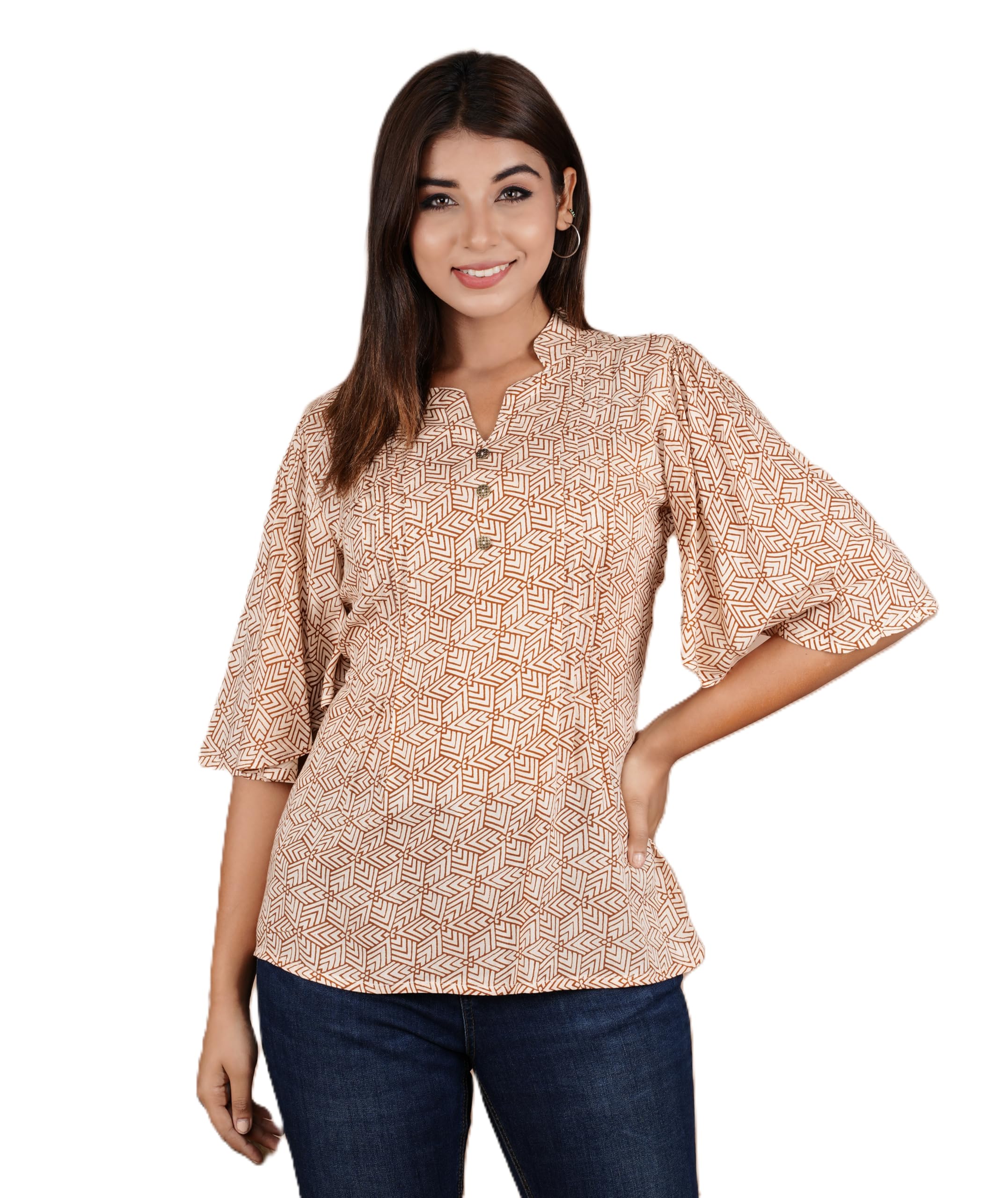 VEILA Short Kurti for Women | Cotton Floral Print Peplum Tunic Top with V-Neck, 3/4 Sleeves & 30 Inch Length | Comfortable Short Kurta for Casual & Office Wear