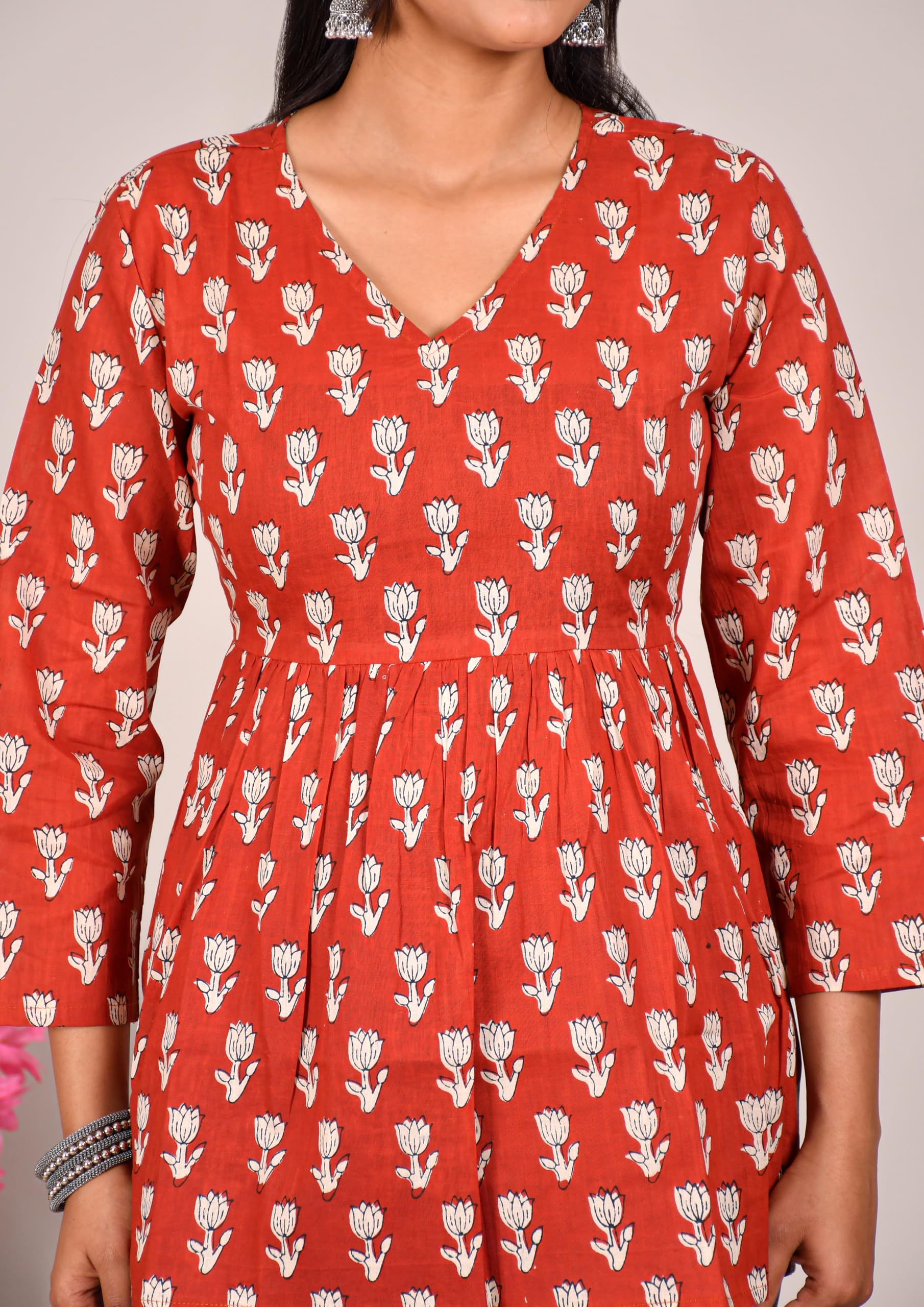 VEILA Short Kurti for Women | Cotton Floral Print Peplum Tunic Top with V-Neck, 3/4 Sleeves & 30 Inch Length | Comfortable Short Kurta for Casual & Office Wear