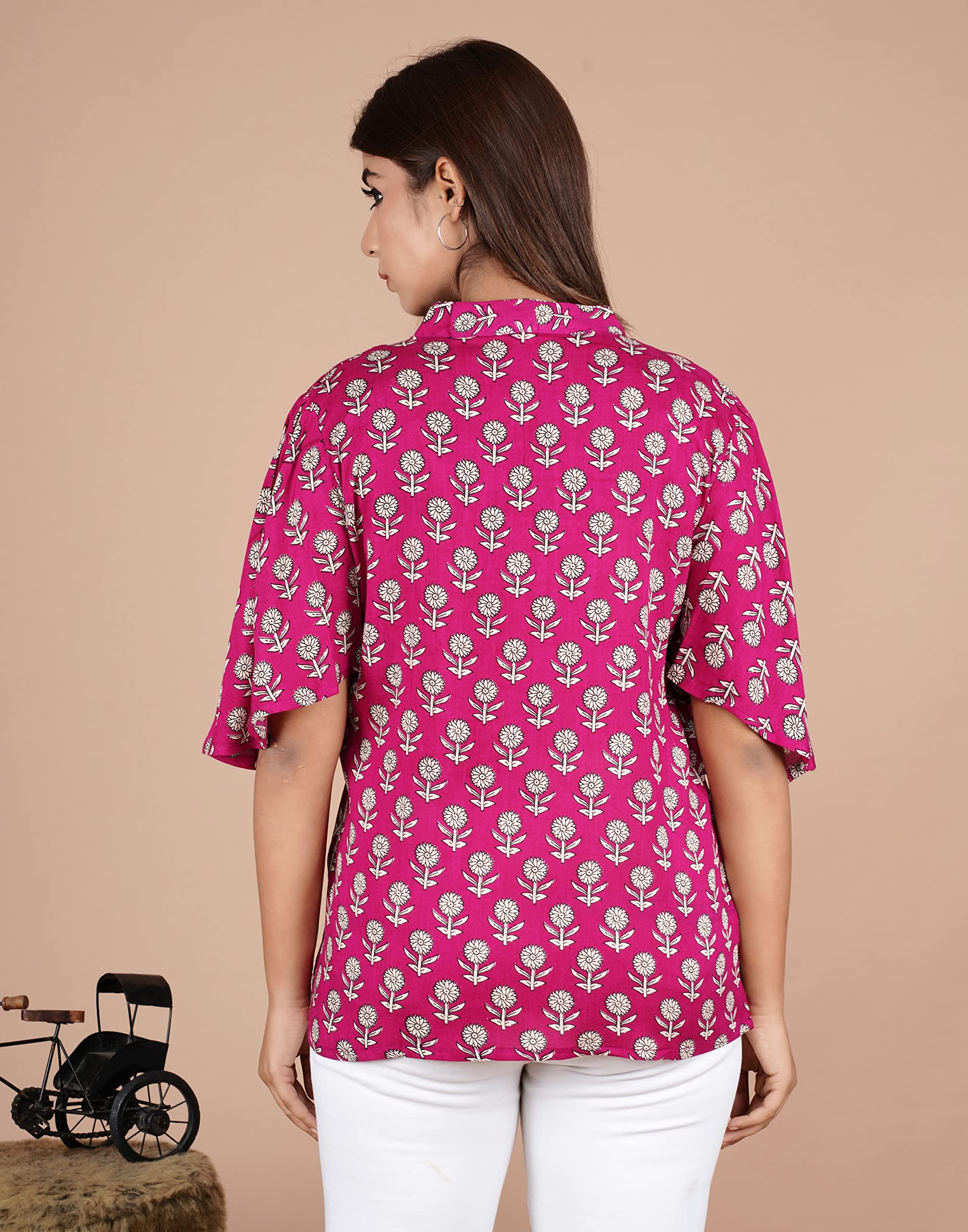 VEILA Short Kurti for Women | Cotton Floral Print Peplum Tunic Top with V-Neck, 3/4 Sleeves & 30 Inch Length | Comfortable Short Kurta for Casual & Office Wear