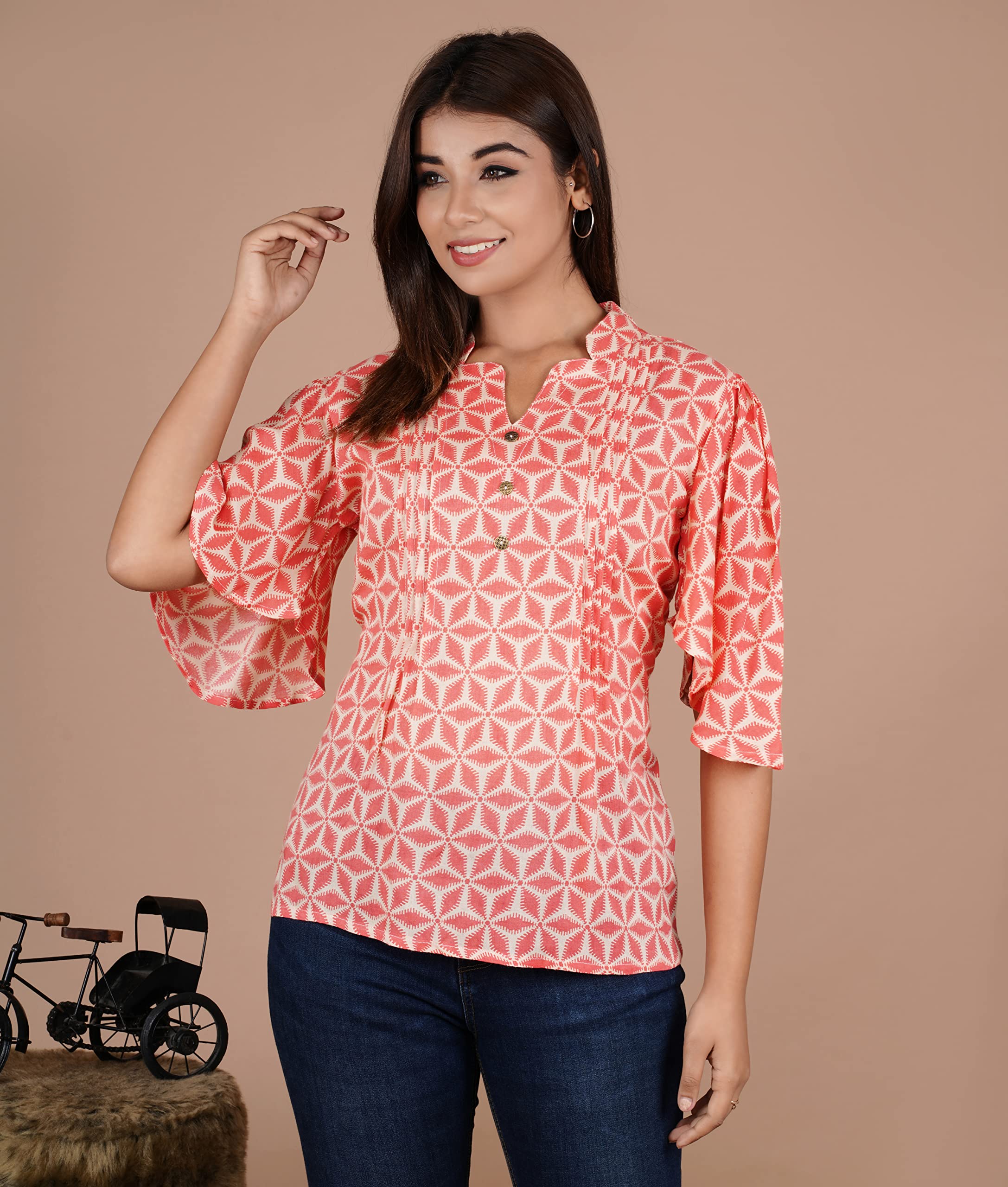 VEILA Short Kurti for Women | Cotton Floral Print Peplum Tunic Top with V-Neck, 3/4 Sleeves & 30 Inch Length | Comfortable Short Kurta for Casual & Office Wear