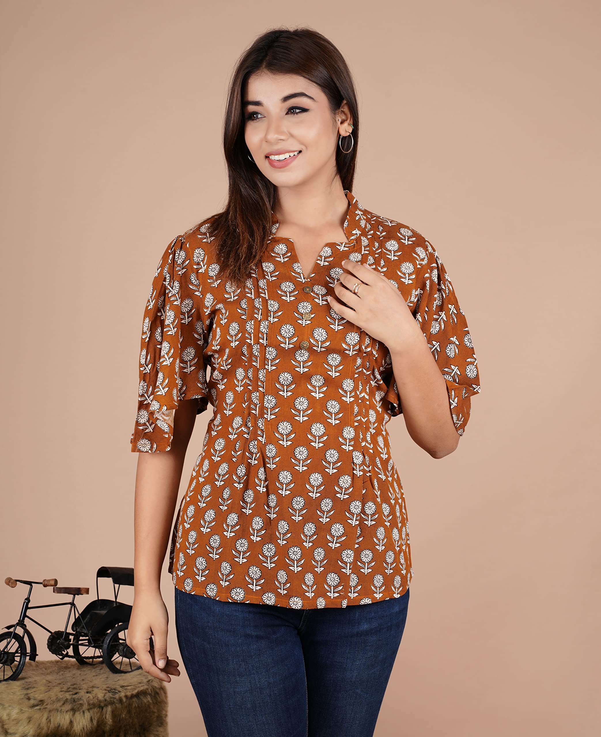VEILA Short Kurti for Women | Cotton Floral Print Peplum Tunic Top with V-Neck, 3/4 Sleeves & 30 Inch Length | Comfortable Short Kurta for Casual & Office Wear