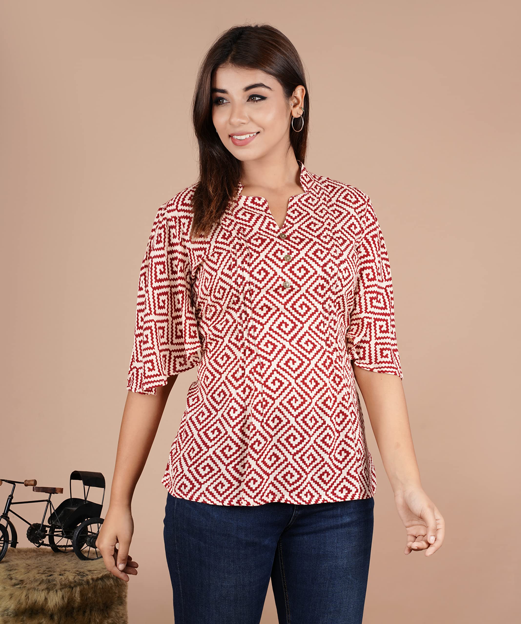 VEILA Short Kurti for Women | Cotton Floral Print Peplum Tunic Top with V-Neck, 3/4 Sleeves & 30 Inch Length | Comfortable Short Kurta for Casual & Office Wear
