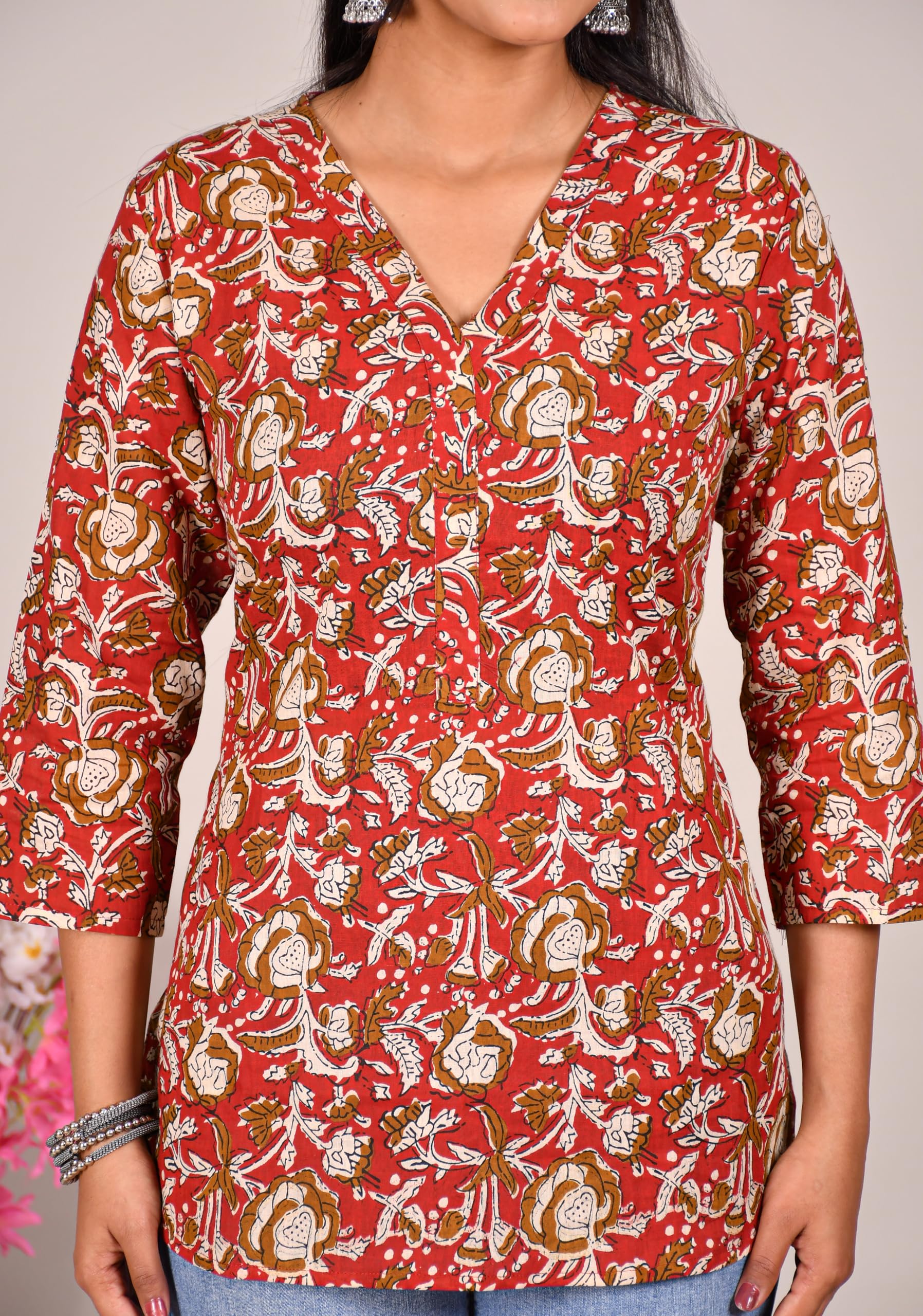 VEILA Short Kurti for Women | Cotton Floral Print Peplum Tunic Top with V-Neck, 3/4 Sleeves & 30 Inch Length | Comfortable Short Kurta for Casual & Office Wear