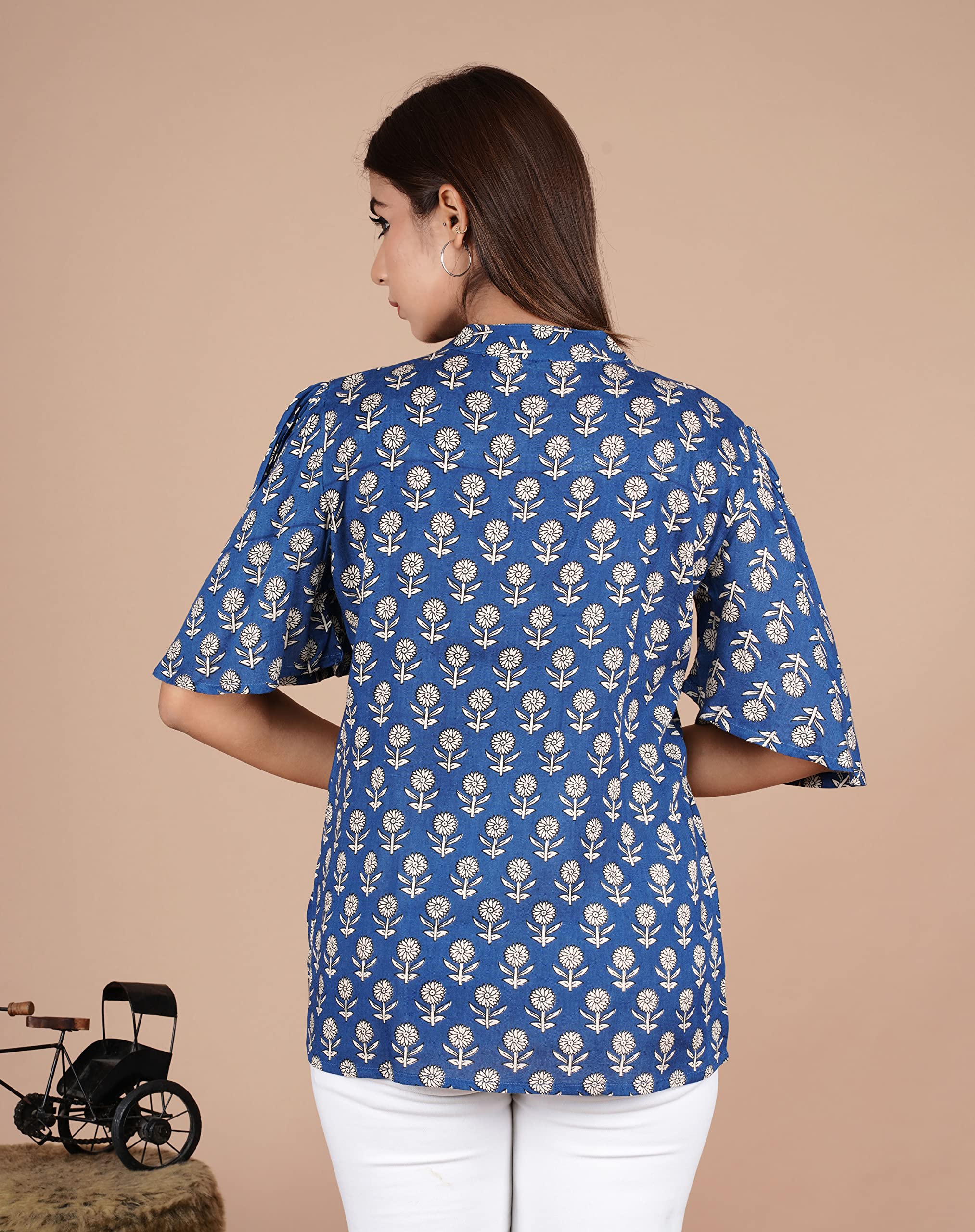 VEILA Short Kurti for Women | Cotton Floral Print Peplum Tunic Top with V-Neck, 3/4 Sleeves & 30 Inch Length | Comfortable Short Kurta for Casual & Office Wear