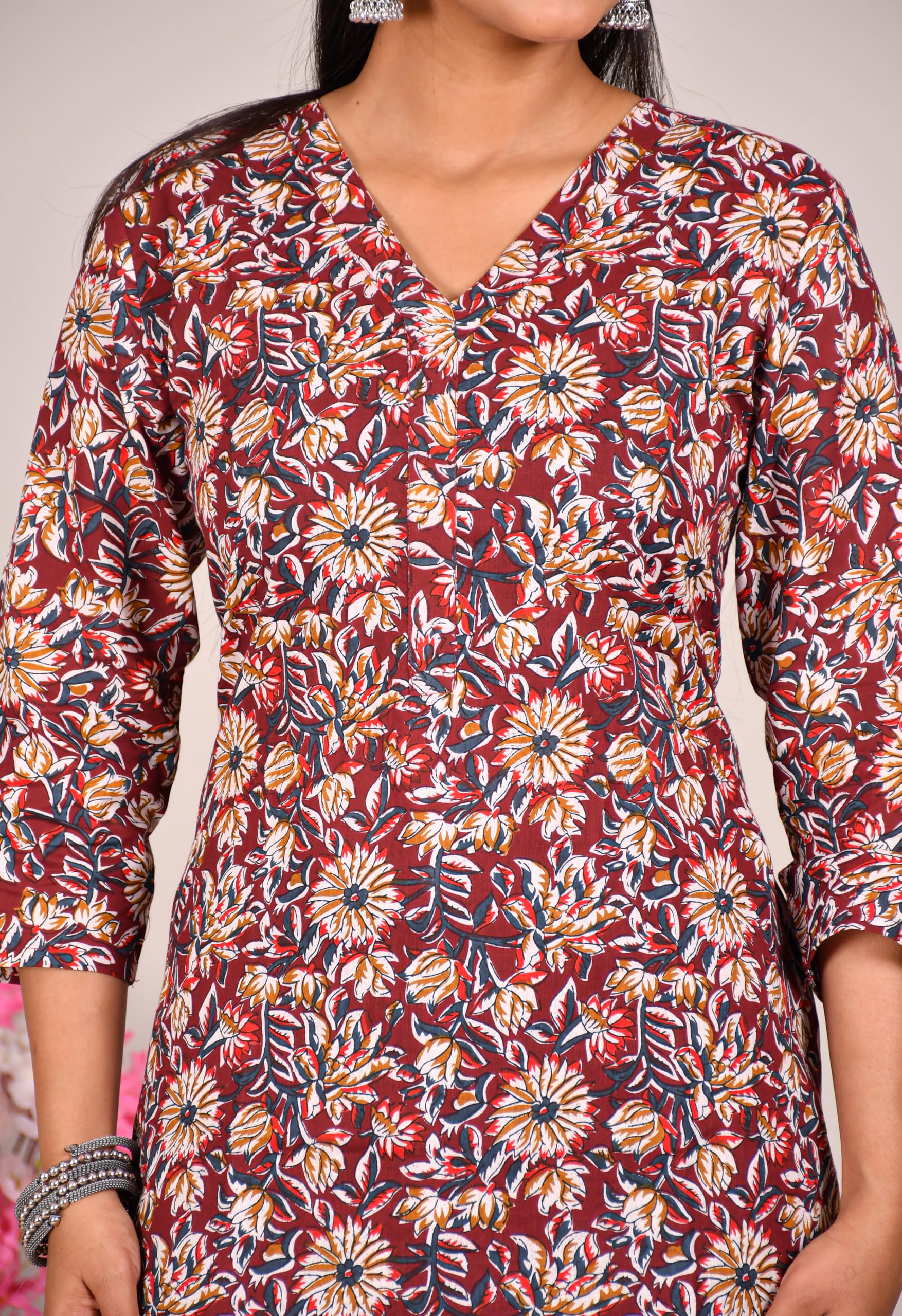 VEILA Short Kurti for Women | Cotton Floral Print Peplum Tunic Top with V-Neck, 3/4 Sleeves & 30 Inch Length | Comfortable Short Kurta for Casual & Office Wear
