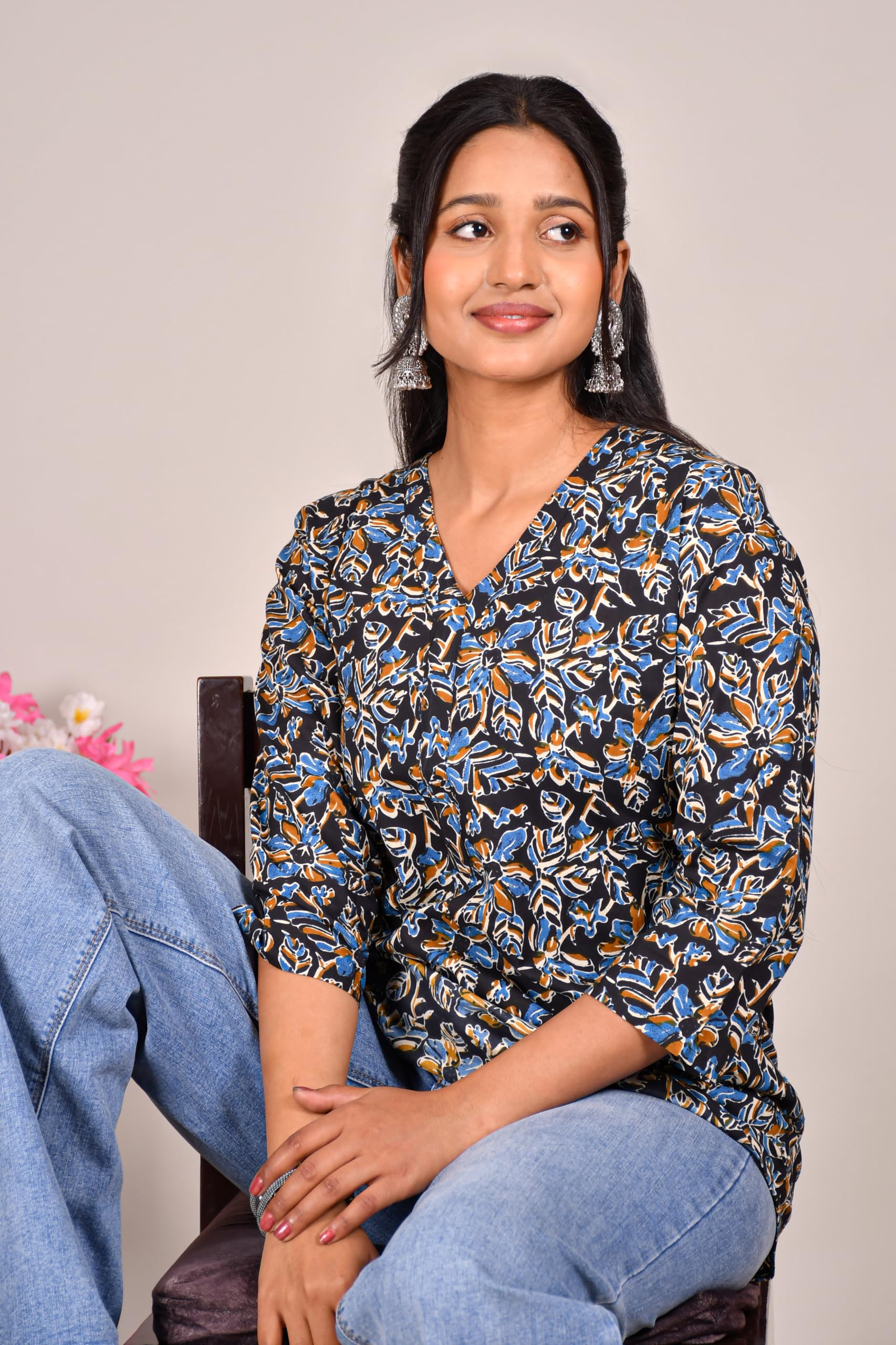 VEILA Short Kurti for Women | Cotton Floral Print Peplum Tunic Top with V-Neck, 3/4 Sleeves & 30 Inch Length | Comfortable Short Kurta for Casual & Office Wear