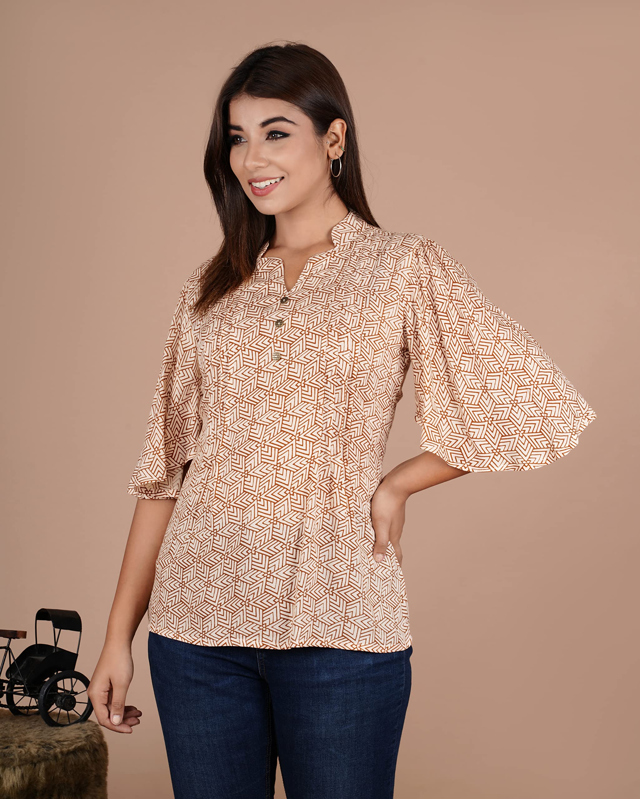 VEILA Short Kurti for Women | Cotton Floral Print Peplum Tunic Top with V-Neck, 3/4 Sleeves & 30 Inch Length | Comfortable Short Kurta for Casual & Office Wear
