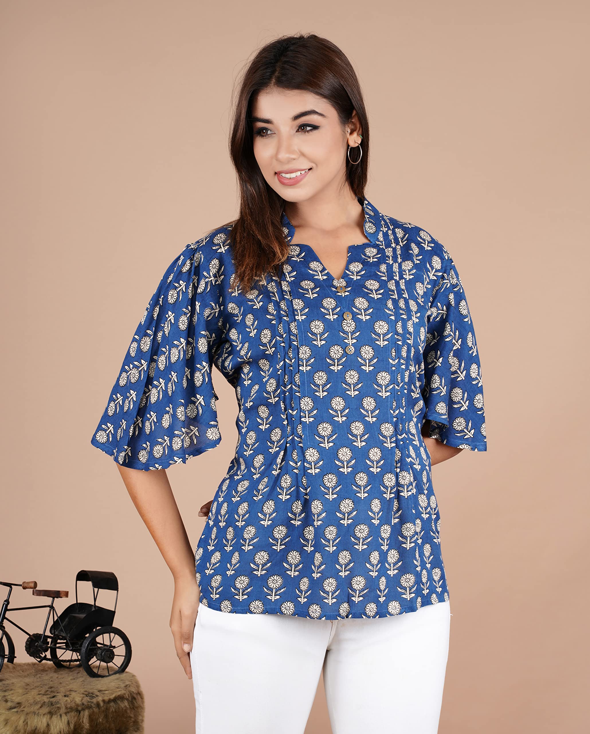 VEILA Short Kurti for Women | Cotton Floral Print Peplum Tunic Top with V-Neck, 3/4 Sleeves & 30 Inch Length | Comfortable Short Kurta for Casual & Office Wear