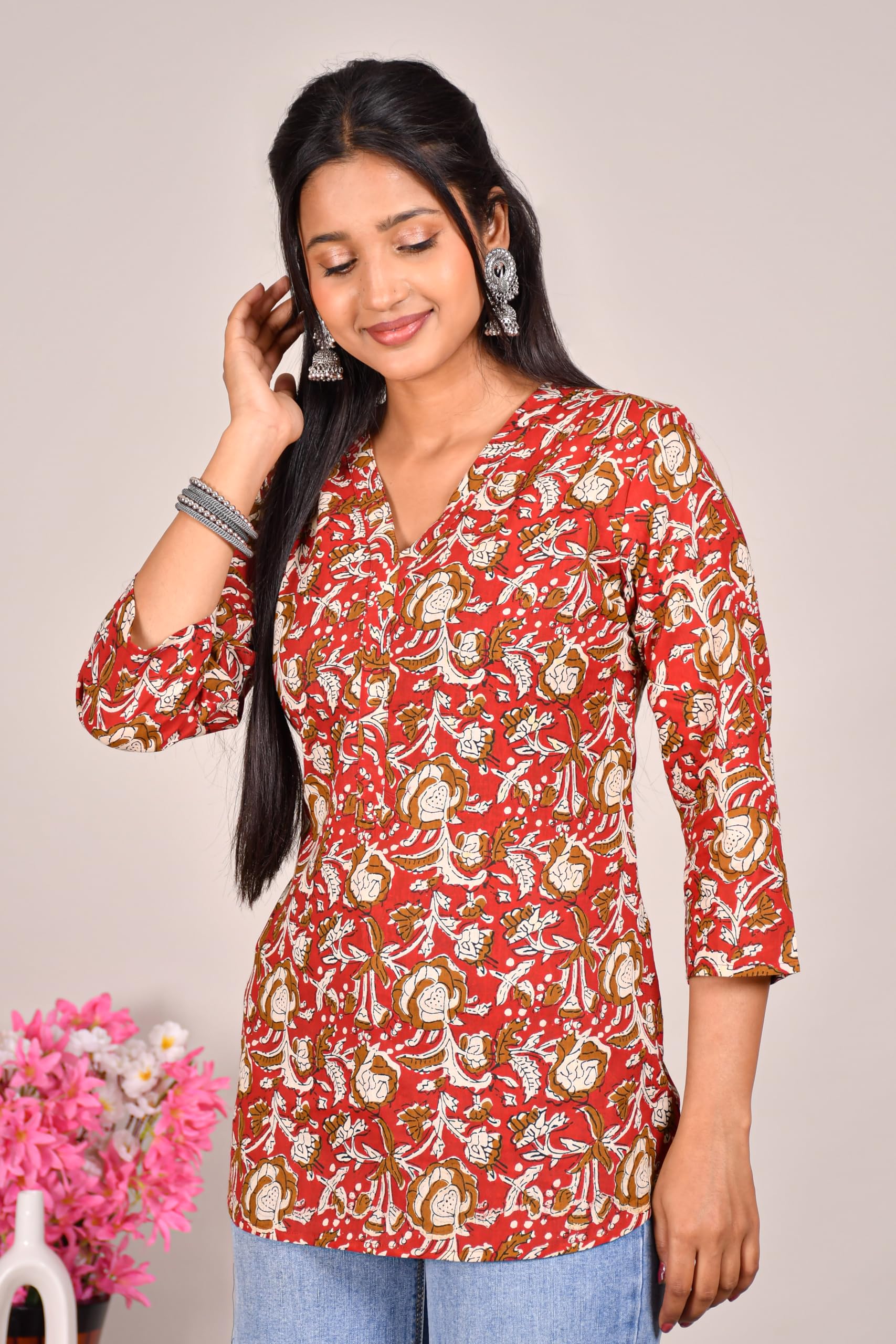 VEILA Short Kurti for Women | Cotton Floral Print Peplum Tunic Top with V-Neck, 3/4 Sleeves & 30 Inch Length | Comfortable Short Kurta for Casual & Office Wear
