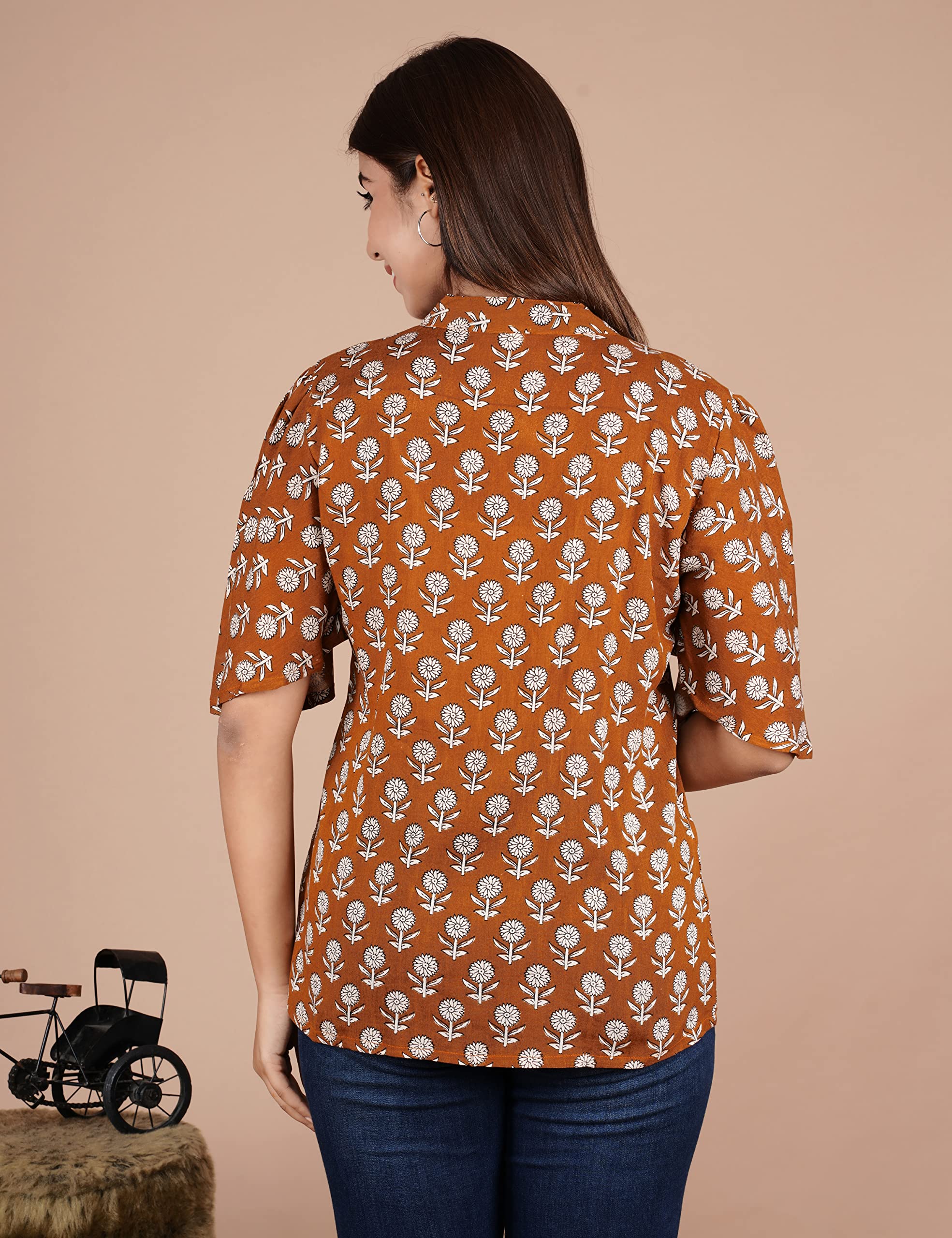 VEILA Short Kurti for Women | Cotton Floral Print Peplum Tunic Top with V-Neck, 3/4 Sleeves & 30 Inch Length | Comfortable Short Kurta for Casual & Office Wear
