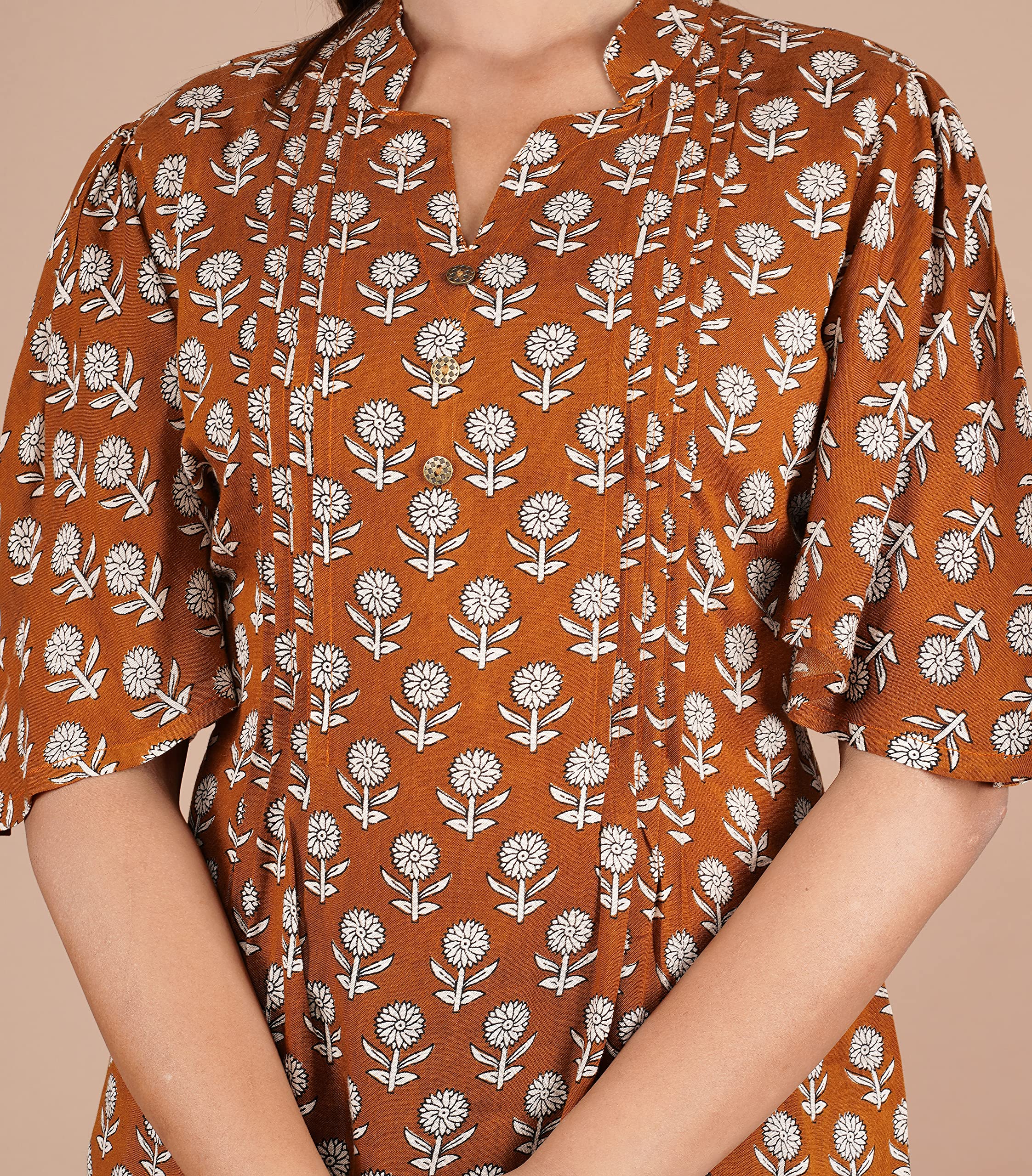 VEILA Short Kurti for Women | Cotton Floral Print Peplum Tunic Top with V-Neck, 3/4 Sleeves & 30 Inch Length | Comfortable Short Kurta for Casual & Office Wear