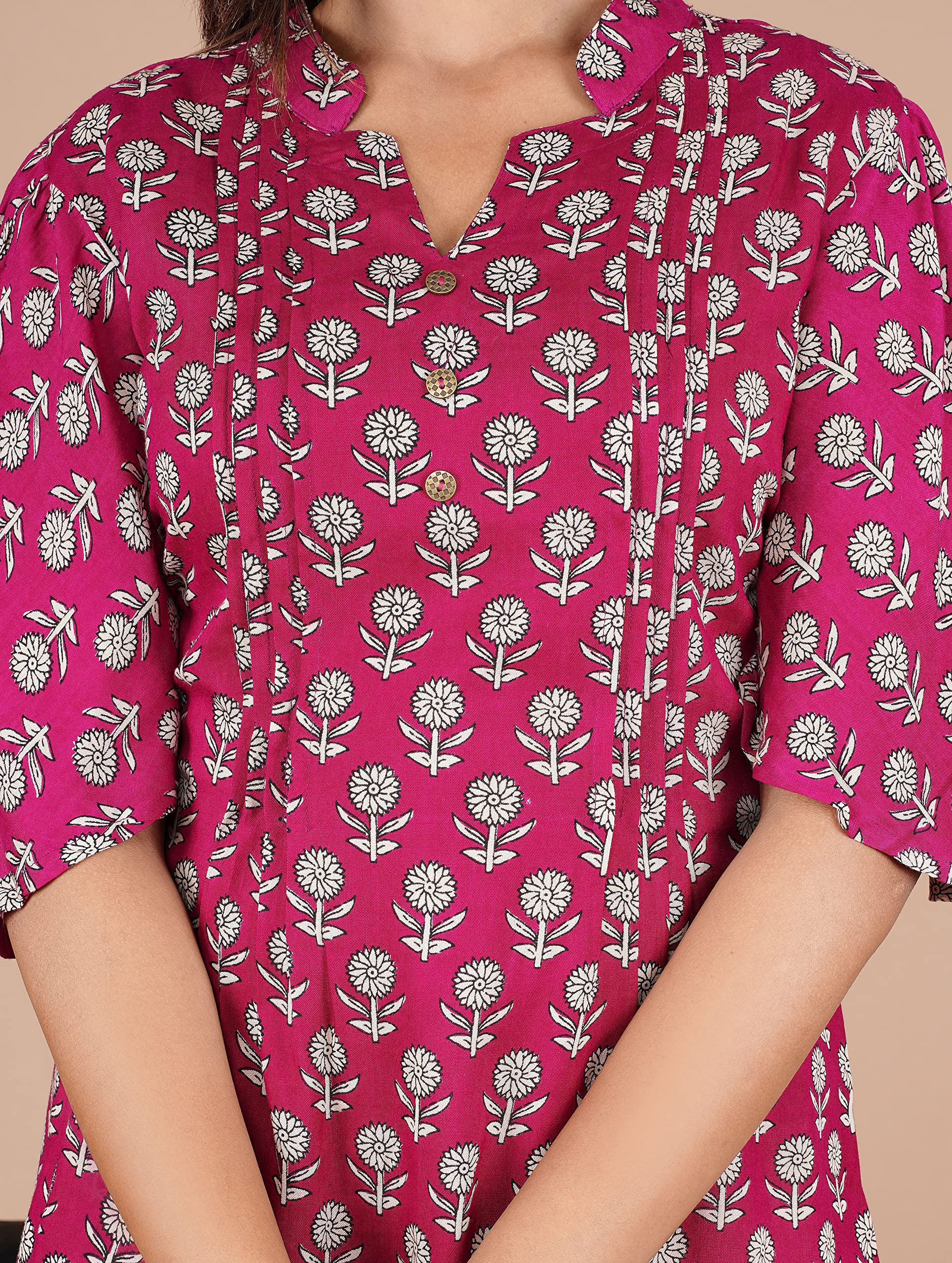 VEILA Short Kurti for Women | Cotton Floral Print Peplum Tunic Top with V-Neck, 3/4 Sleeves & 30 Inch Length | Comfortable Short Kurta for Casual & Office Wear