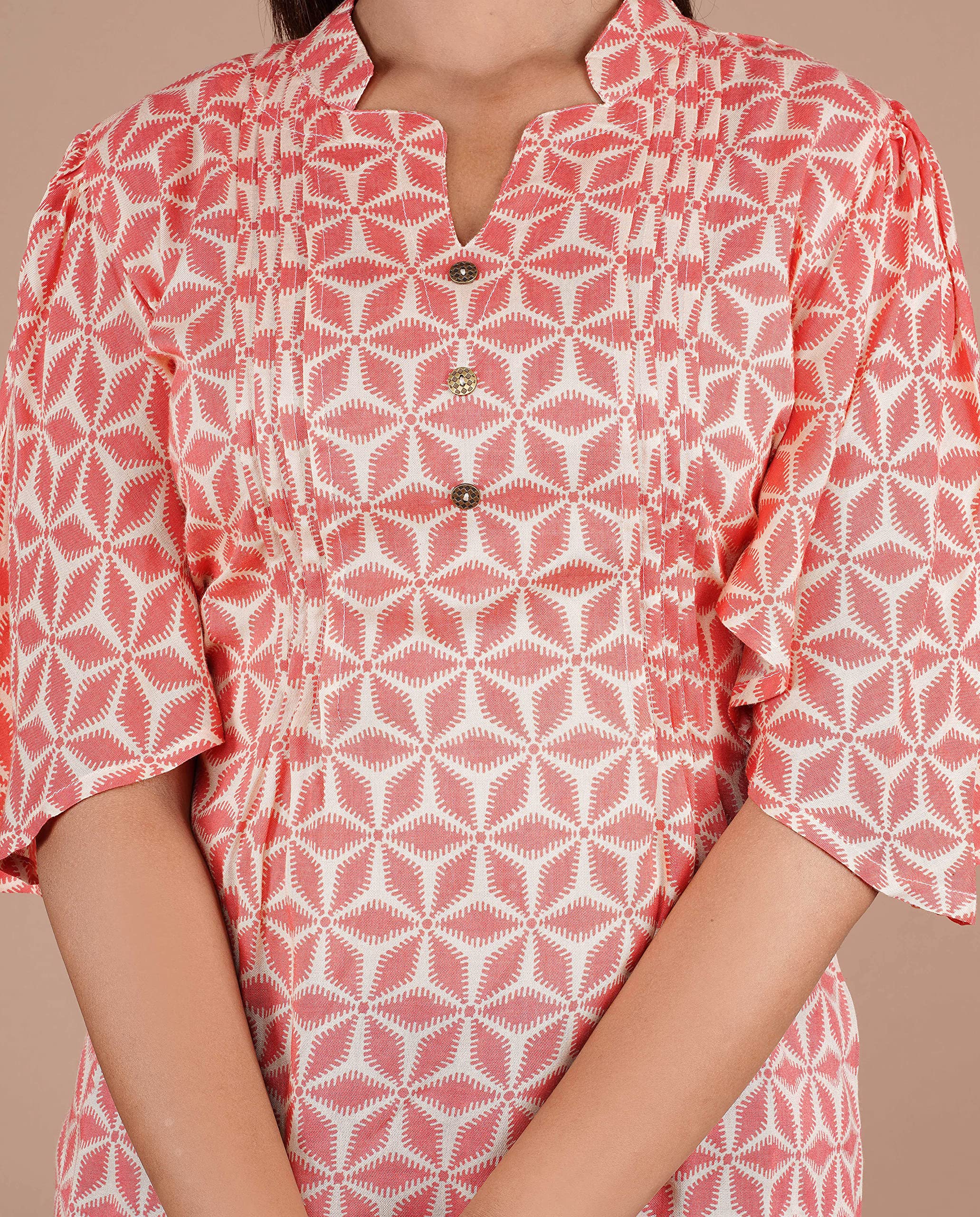 VEILA Short Kurti for Women | Cotton Floral Print Peplum Tunic Top with V-Neck, 3/4 Sleeves & 30 Inch Length | Comfortable Short Kurta for Casual & Office Wear