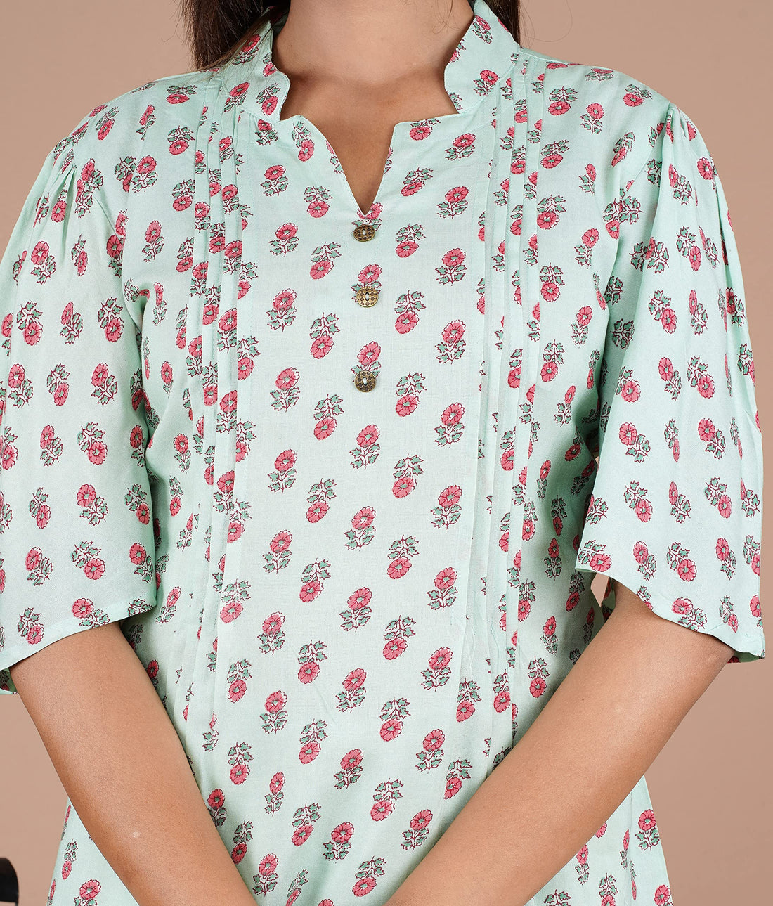 VEILA Short Kurti for Women | Cotton Floral Print Peplum Tunic Top with V-Neck, 3/4 Sleeves & 30 Inch Length | Comfortable Short Kurta for Casual & Office Wear