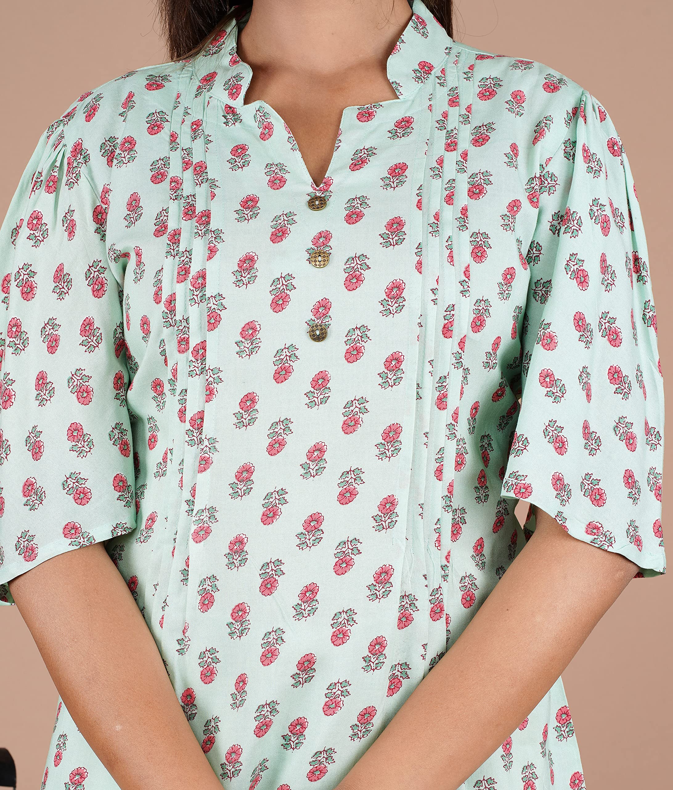 VEILA Short Kurti for Women | Cotton Floral Print Peplum Tunic Top with V-Neck, 3/4 Sleeves & 30 Inch Length | Comfortable Short Kurta for Casual & Office Wear