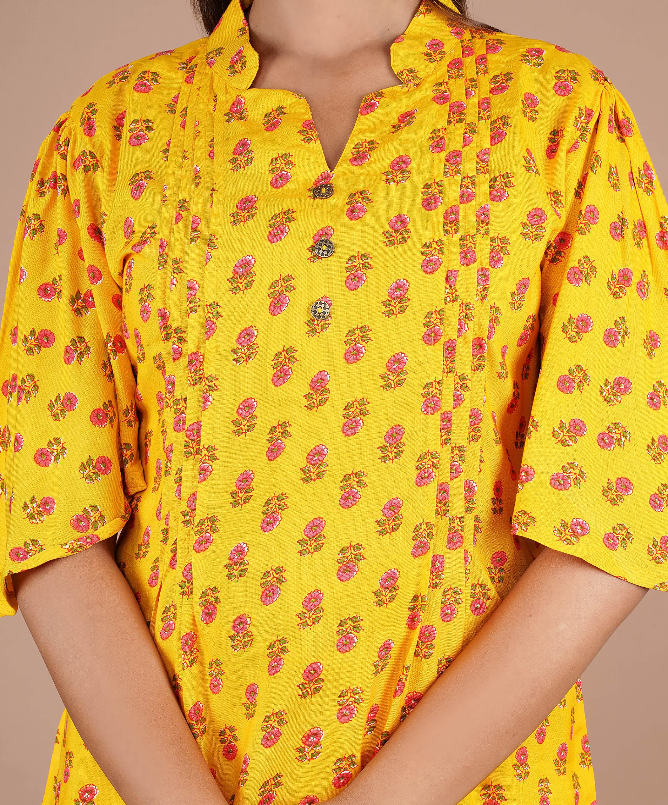 VEILA Short Kurti for Women | Cotton Floral Print Peplum Tunic Top with V-Neck, 3/4 Sleeves & 30 Inch Length | Comfortable Short Kurta for Casual & Office Wear