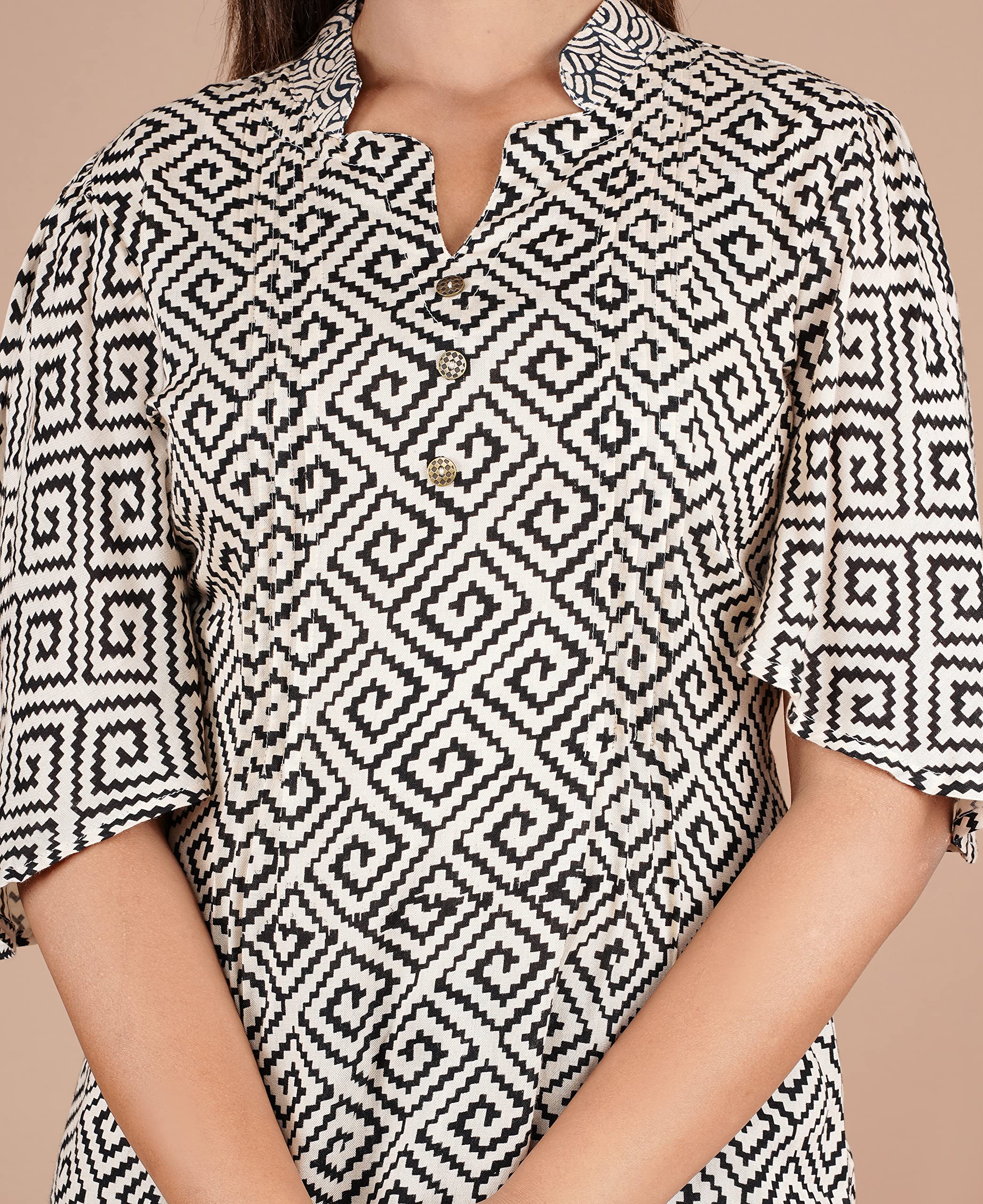 VEILA Short Kurti for Women | Cotton Floral Print Peplum Tunic Top with V-Neck, 3/4 Sleeves & 30 Inch Length | Comfortable Short Kurta for Casual & Office Wear
