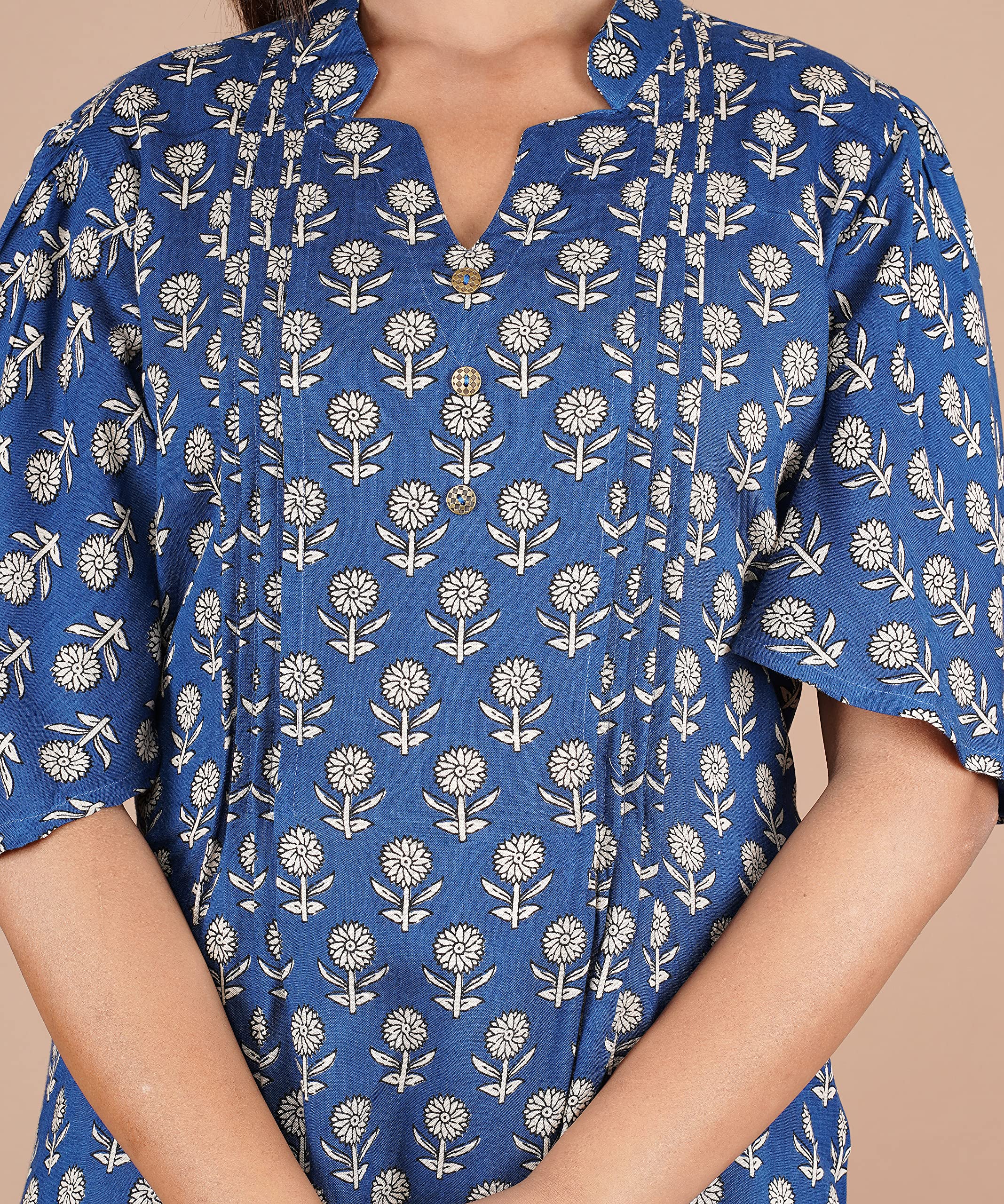 VEILA Short Kurti for Women | Cotton Floral Print Peplum Tunic Top with V-Neck, 3/4 Sleeves & 30 Inch Length | Comfortable Short Kurta for Casual & Office Wear