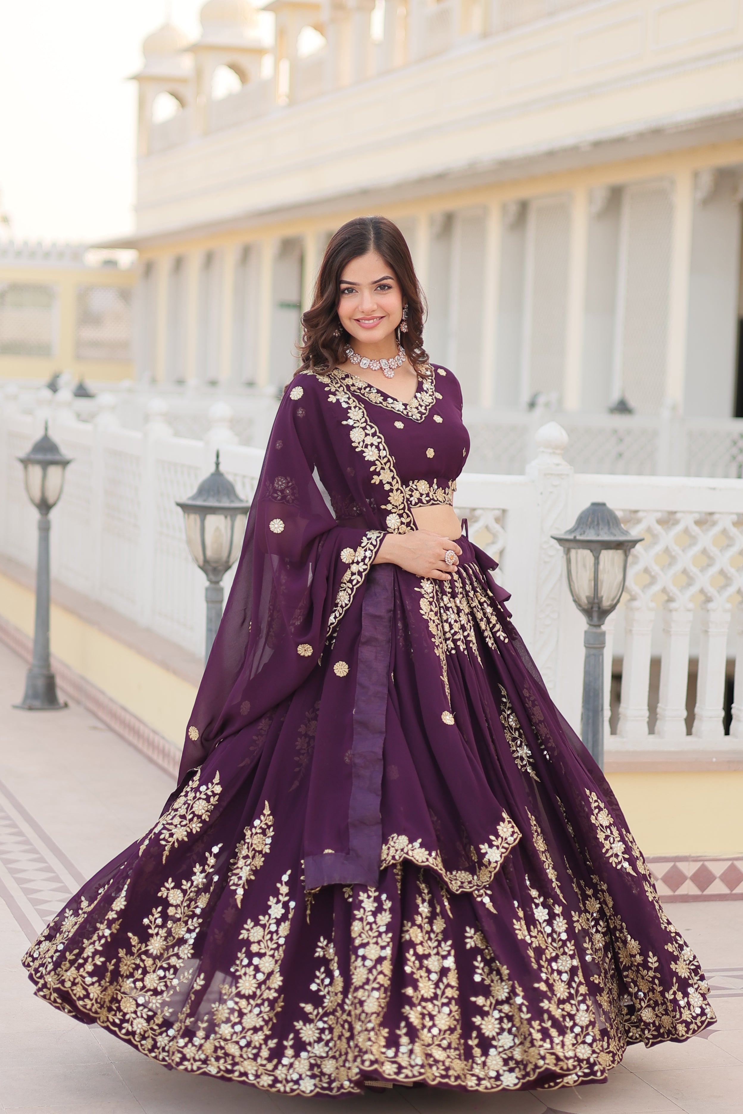 Embroidered Wine Fully Flaired Georgette Lehenga Set