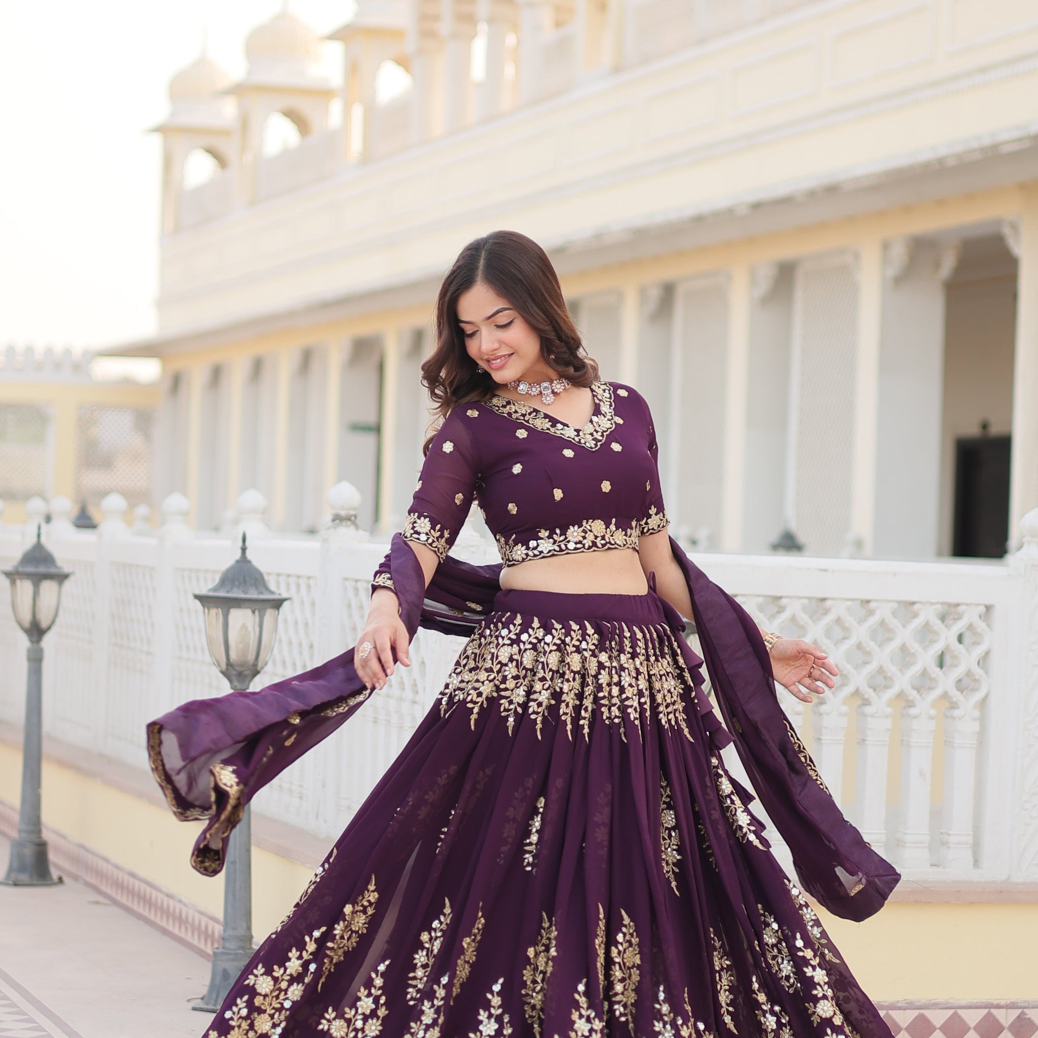 Embroidered Wine Fully Flaired Georgette Lehenga Set