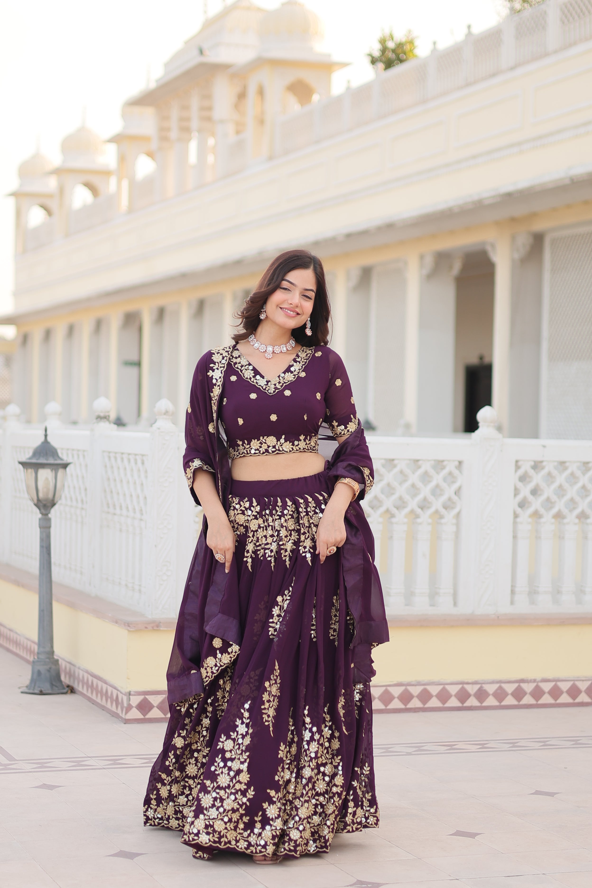Embroidered Wine Fully Flaired Georgette Lehenga Set