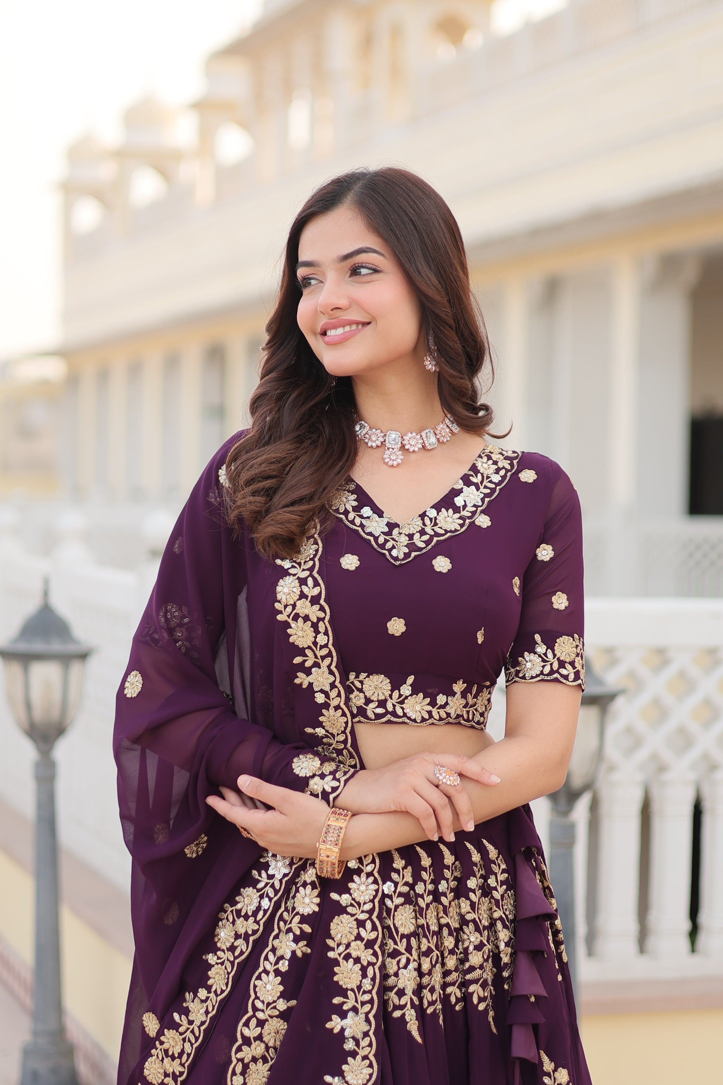 Embroidered Wine Fully Flaired Georgette Lehenga Set